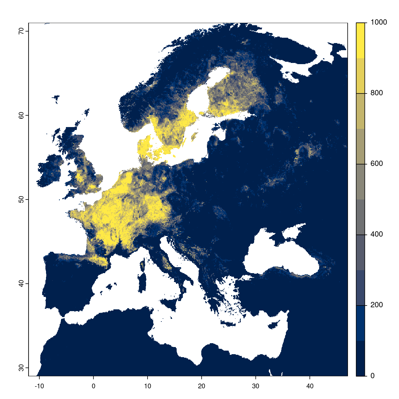 Projection des distributions potentielles futures jusqu'à l'horizon 2100 sous le scénario SSP5-8.5 (modèle d'ensemble).