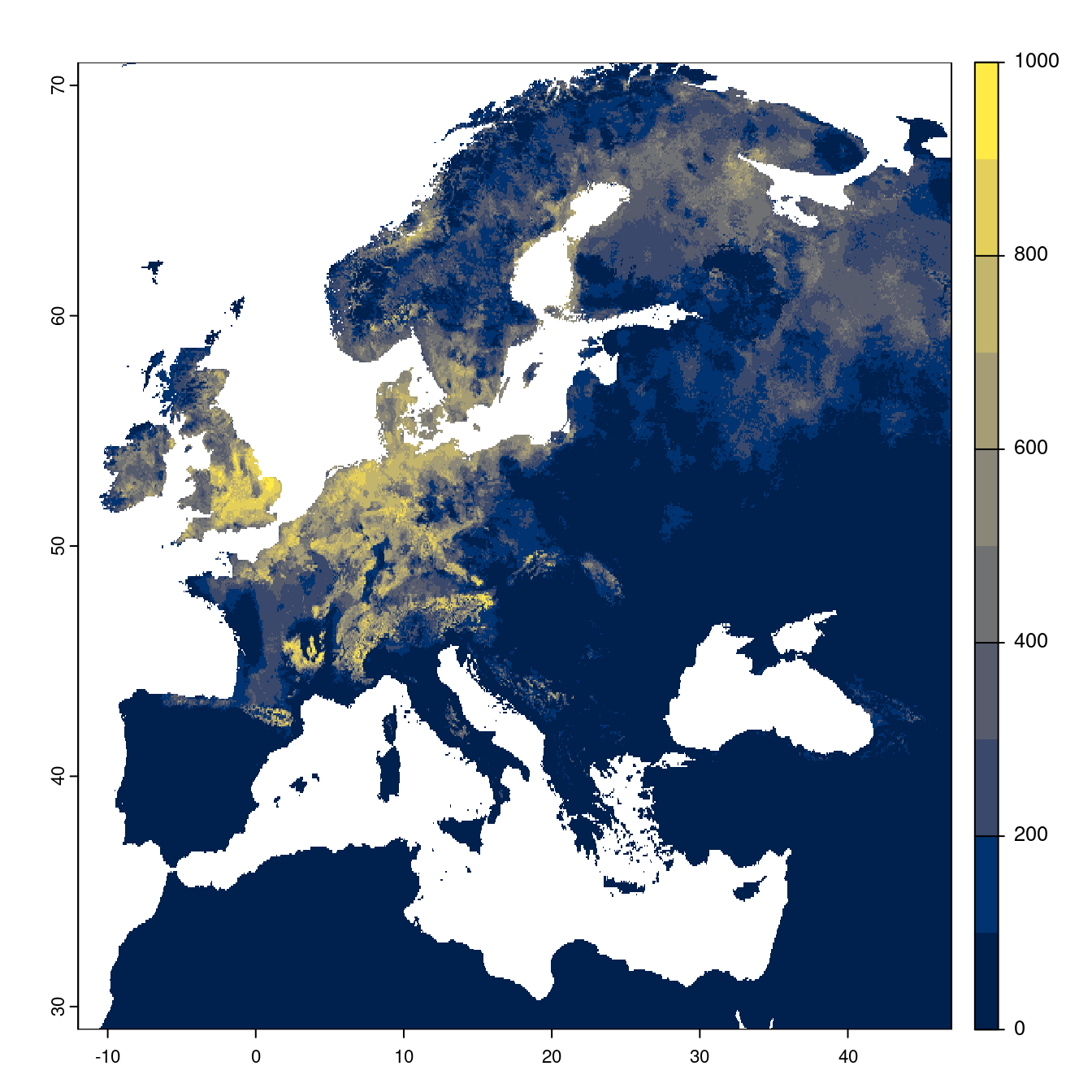 Projection des distributions potentielles futures jusqu'à l'horizon 2100 sous le scénario SSP5-8.5 (modèle d'ensemble).