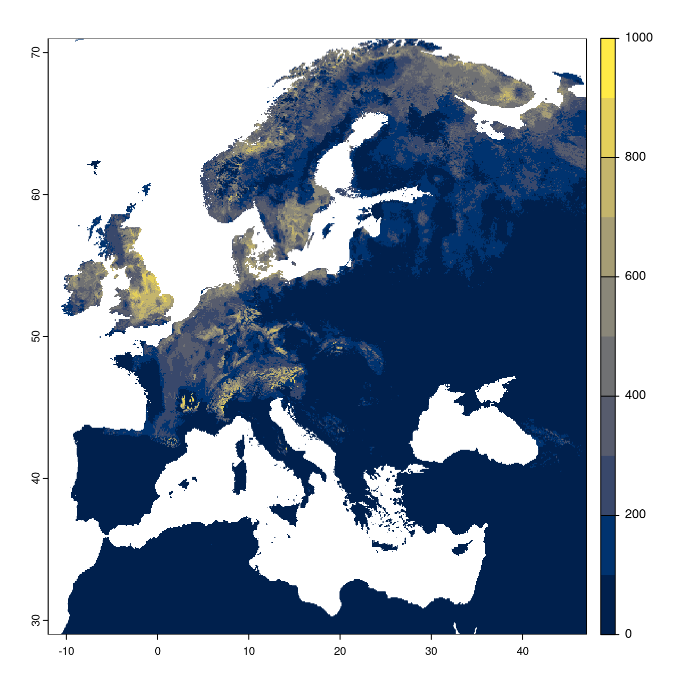 Projection des distributions potentielles futures jusqu'à l'horizon 2100 sous le scénario SSP5-8.5 (modèle d'ensemble).