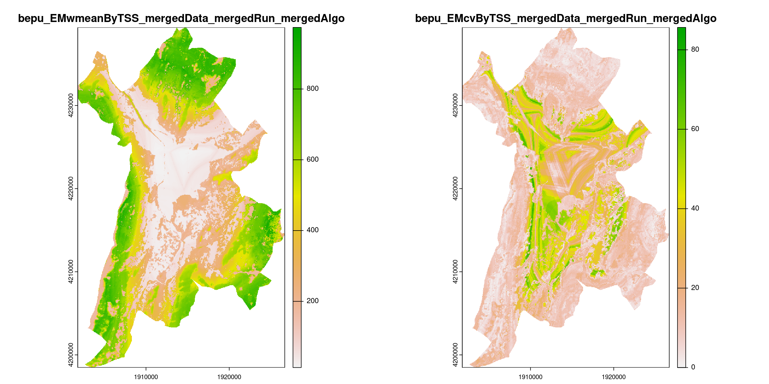 A) Projection de la distribution potentielle contemporaine (modèle d'ensemble) sur la métropole de Grenoble ; B) Incertitude associée à la projection.
