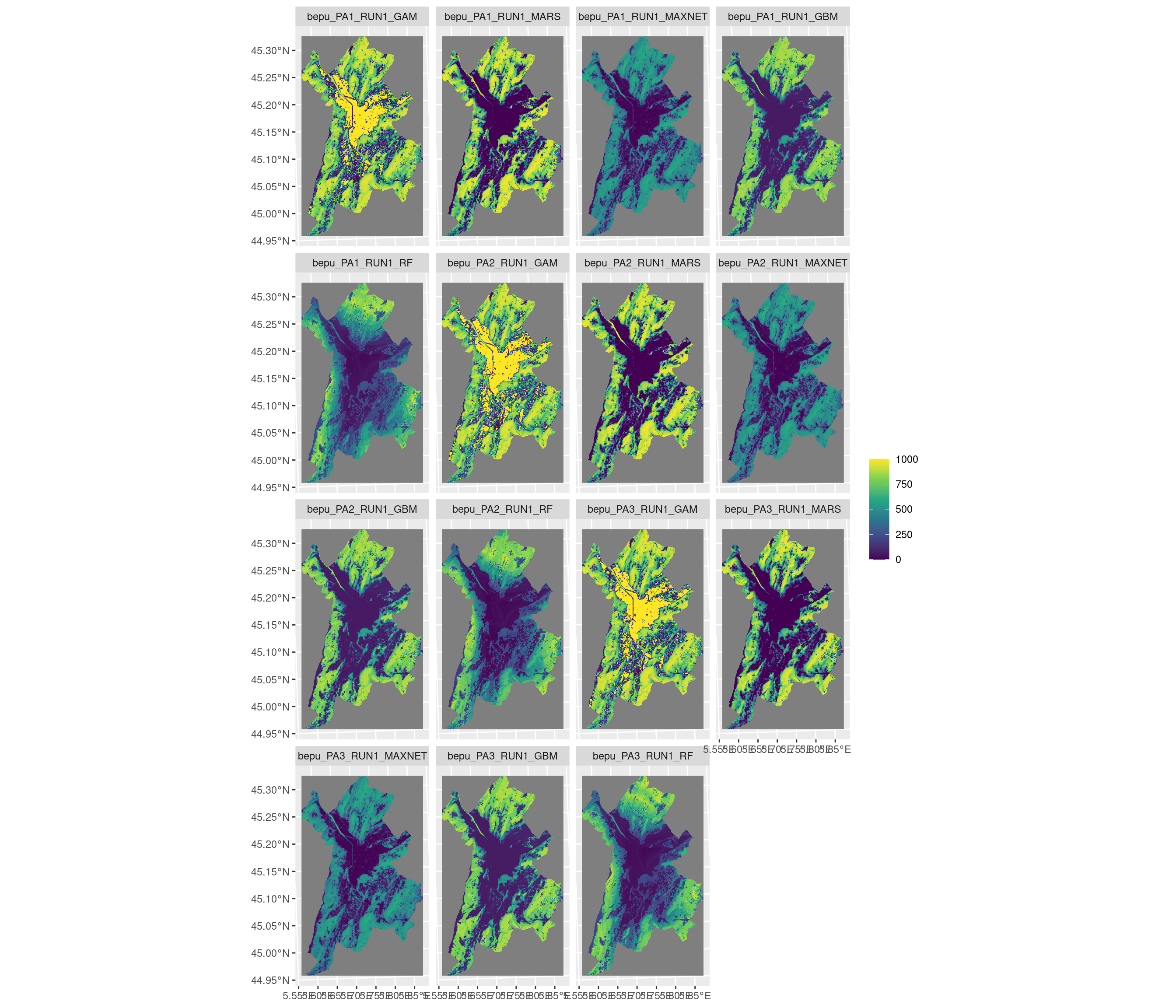 Projection de la distribution potentielle contemporaine sur la métropole de Grenoble, selon les 6 algorithmes et les 3 runs.