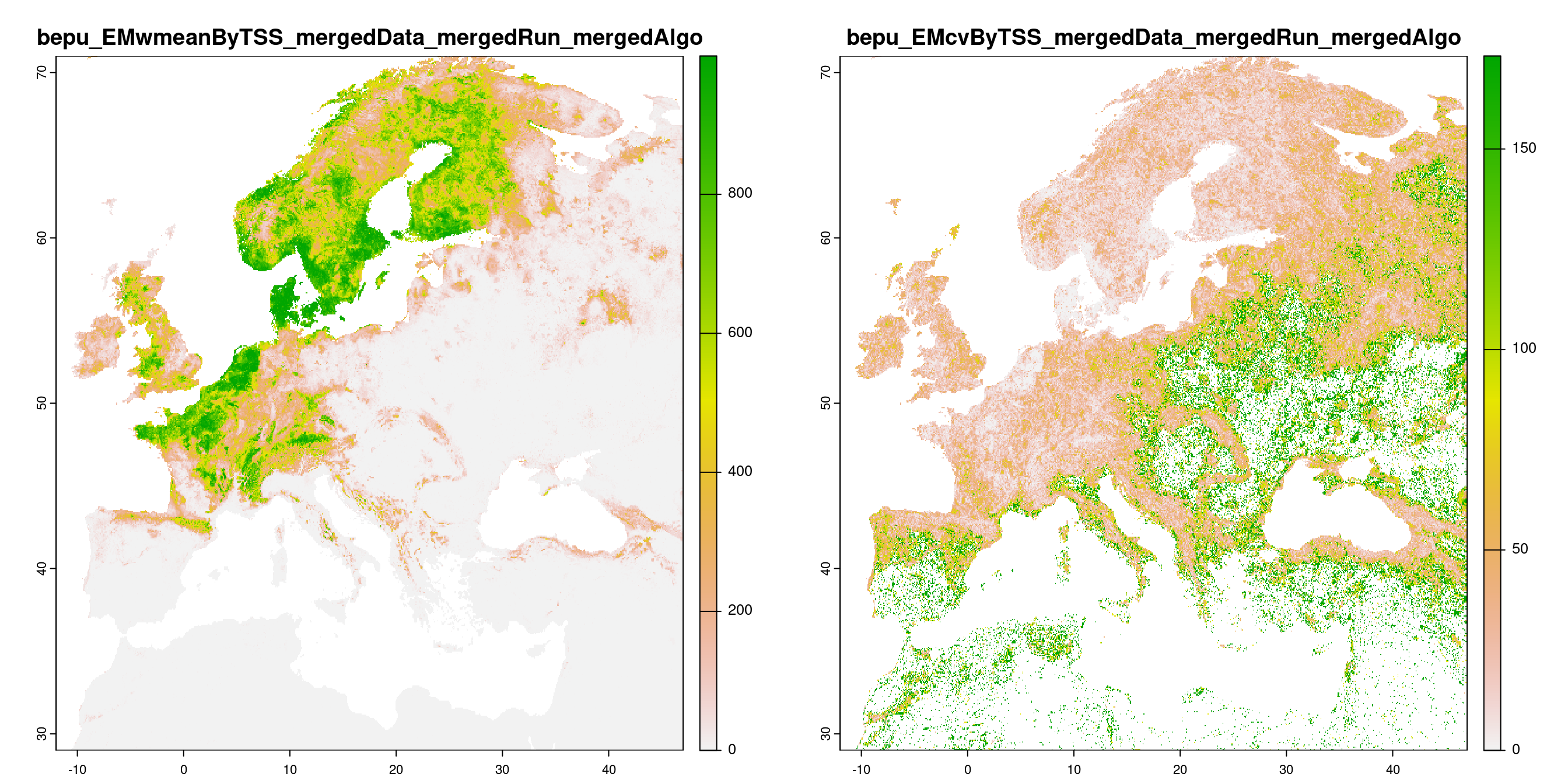 A) Projection de la distribution potentielle contemporaine (modèle d'ensemble) ; B) Incertitude associée à la projection.