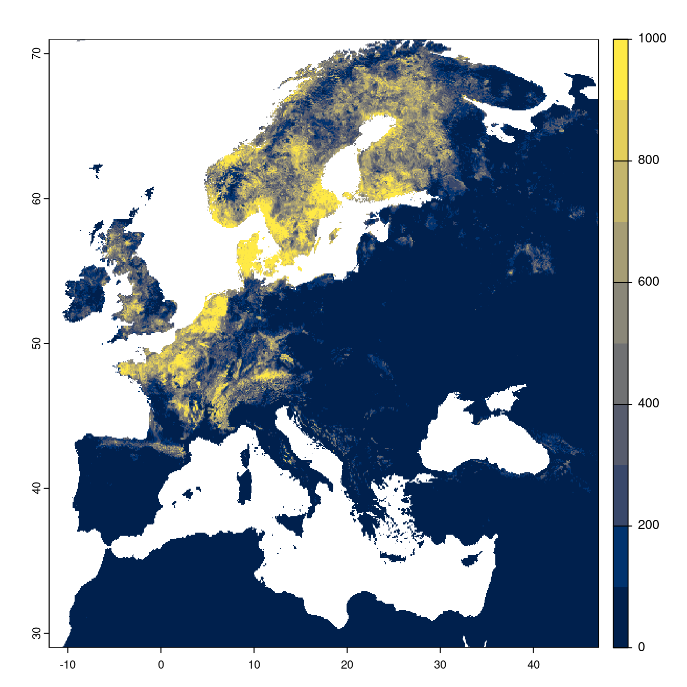 Projection des distributions potentielles futures jusqu'à l'horizon 2100 sous le scénario SSP1-2.6 (modèle d'ensemble).