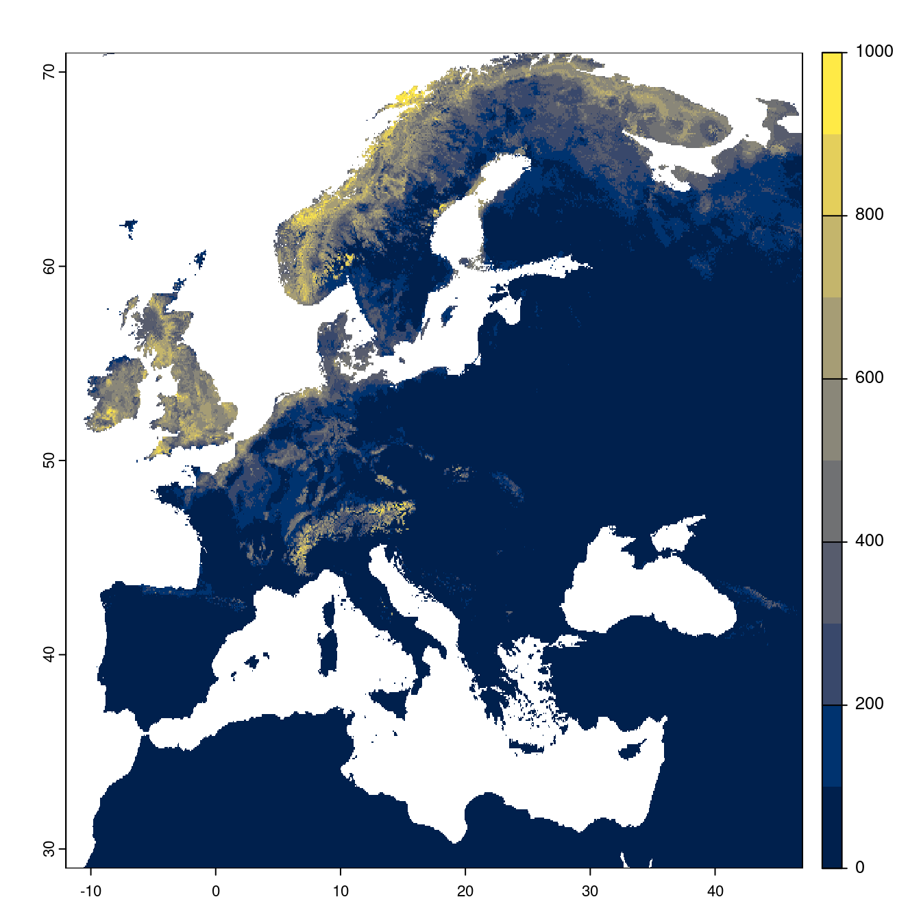 Projection des distributions potentielles futures jusqu'à l'horizon 2100 sous le scénario SSP1-2.6 (modèle d'ensemble).