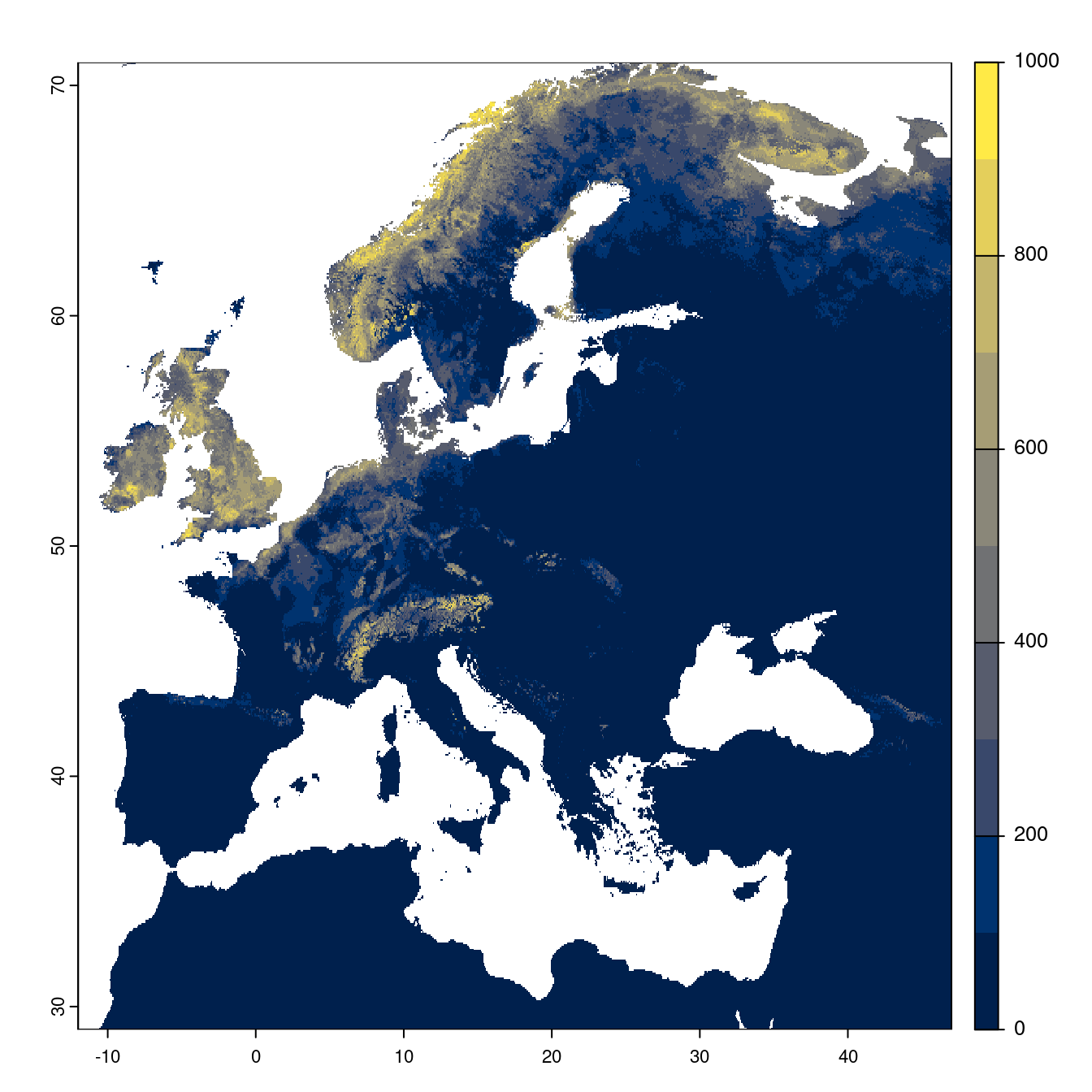 Projection des distributions potentielles futures jusqu'à l'horizon 2100 sous le scénario SSP1-2.6 (modèle d'ensemble).