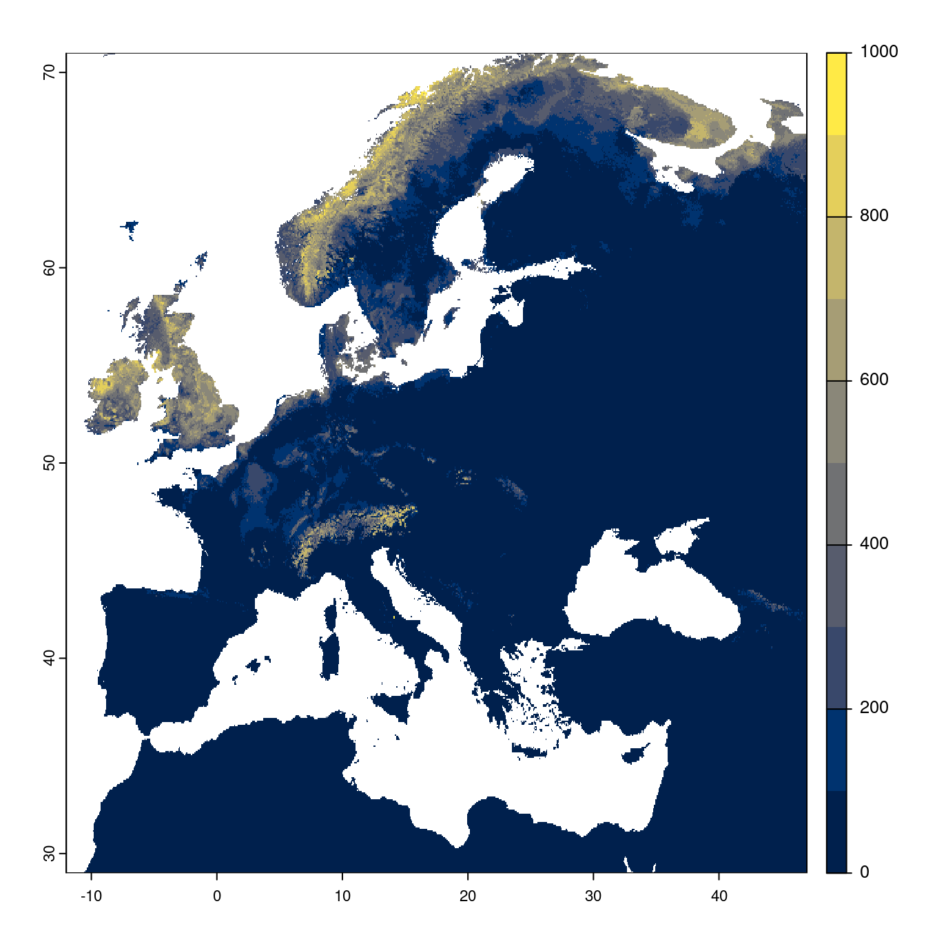 Projection des distributions potentielles futures jusqu'à l'horizon 2100 sous le scénario SSP2-4.5 (modèle d'ensemble).