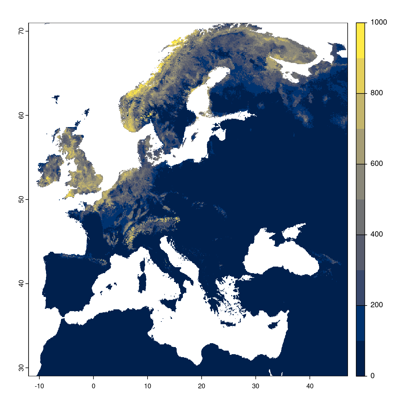Projection des distributions potentielles futures jusqu'à l'horizon 2100 sous le scénario SSP3-7.0 (modèle d'ensemble).