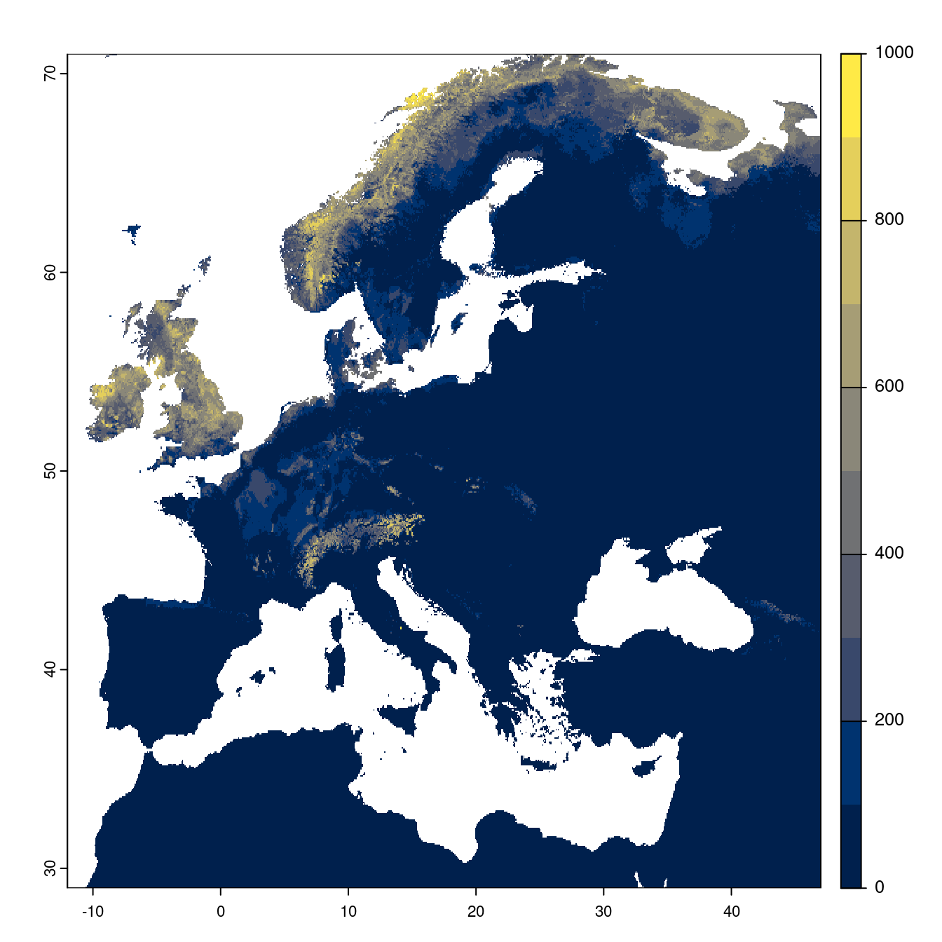 Projection des distributions potentielles futures jusqu'à l'horizon 2100 sous le scénario SSP5-8.5 (modèle d'ensemble).