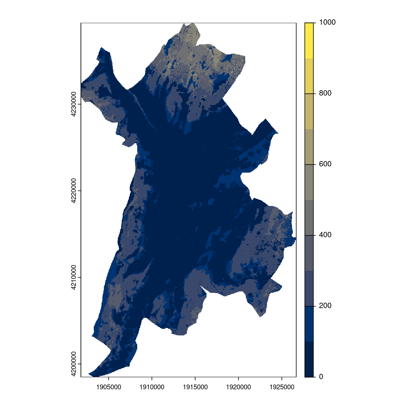 Projection des distributions potentielles contemporaine et futures jusqu'à l'horizon 2100 sous le scénario SSP5-8.5 (modèle d'ensemble, GCM IPSL).