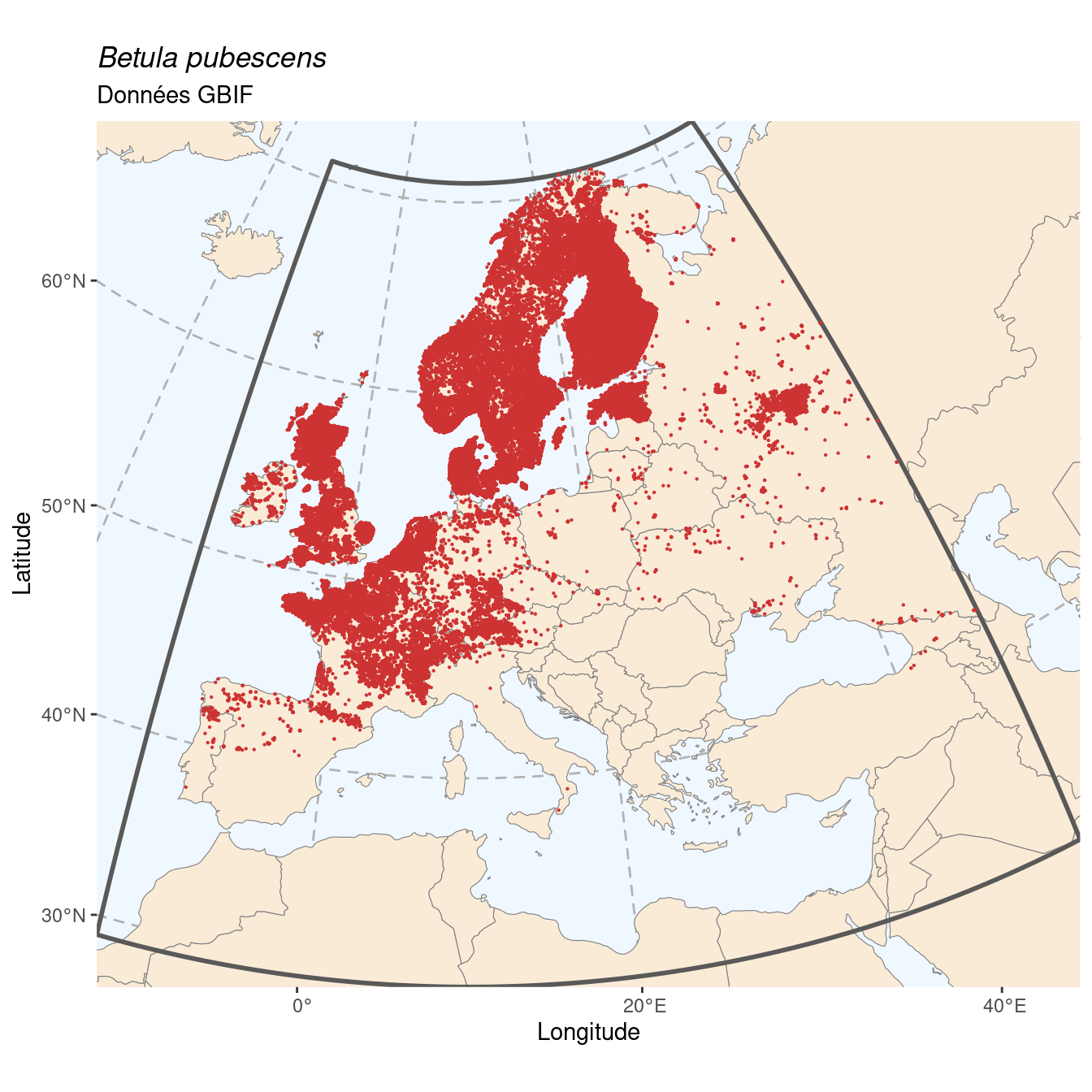 Occurrence de Betula pubescens dans la région d'endémisme.