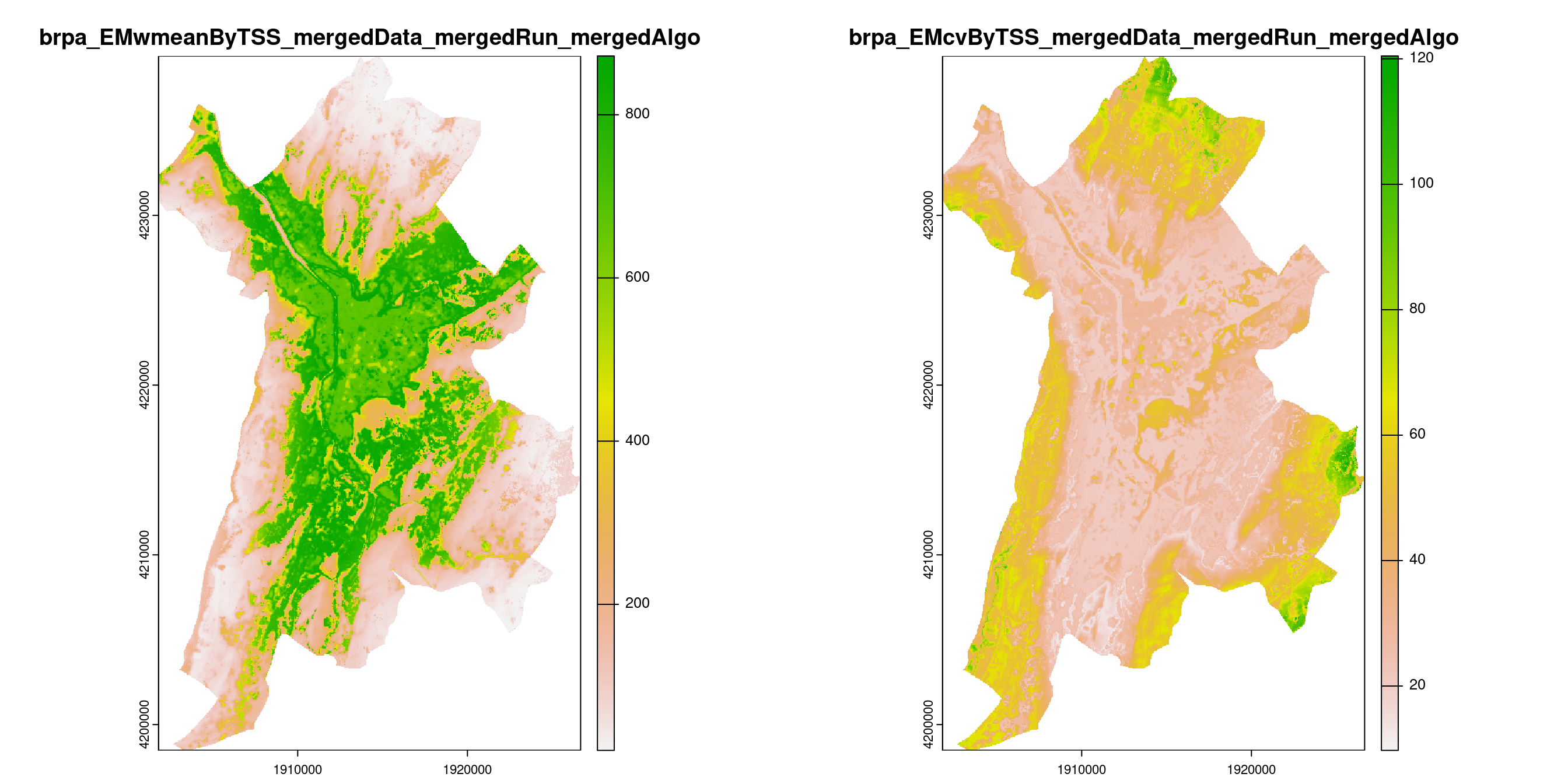 A) Projection de la distribution potentielle contemporaine (modèle d'ensemble) sur la métropole de Grenoble ; B) Incertitude associée à la projection.