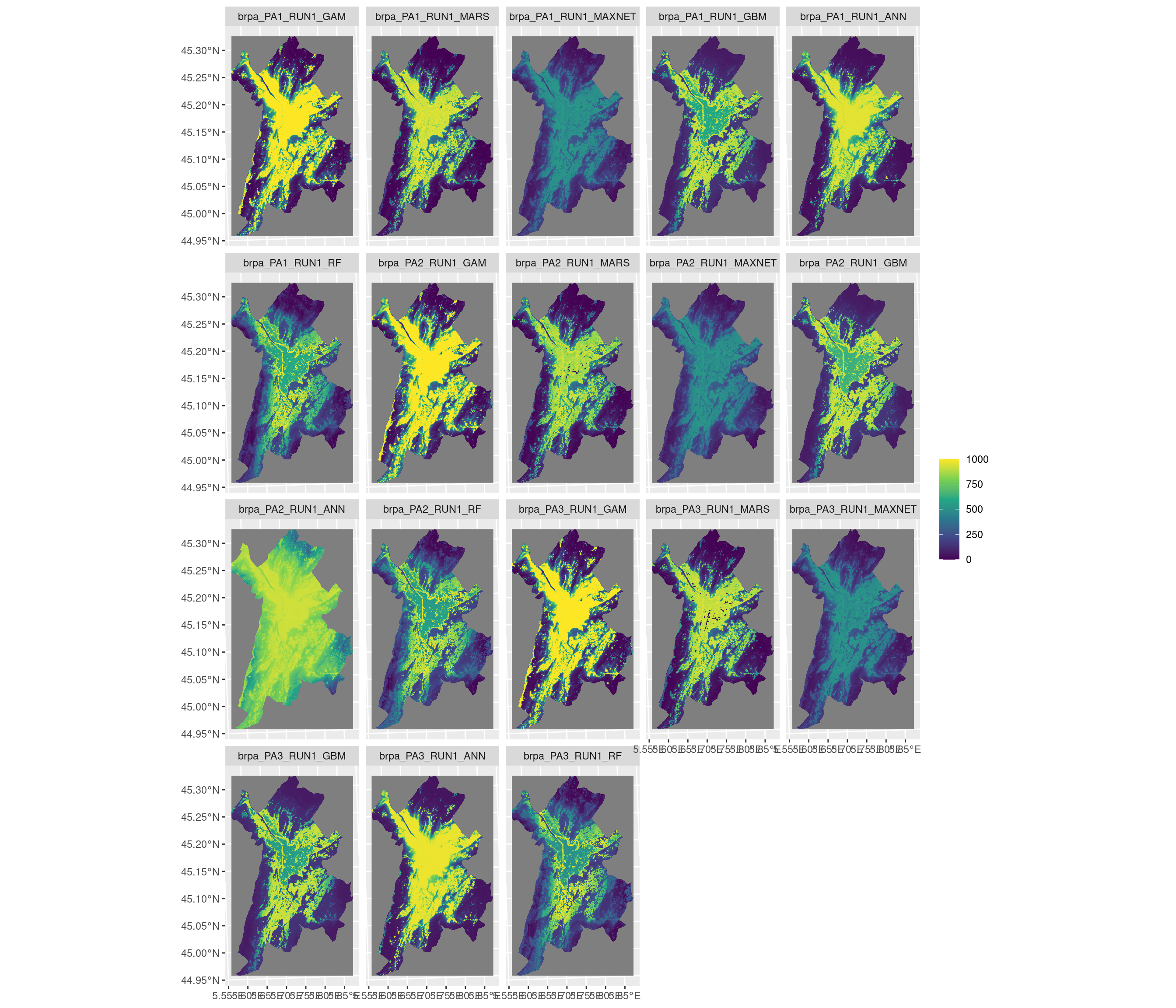 Projection de la distribution potentielle contemporaine sur la métropole de Grenoble, selon les 6 algorithmes et les 3 runs.
