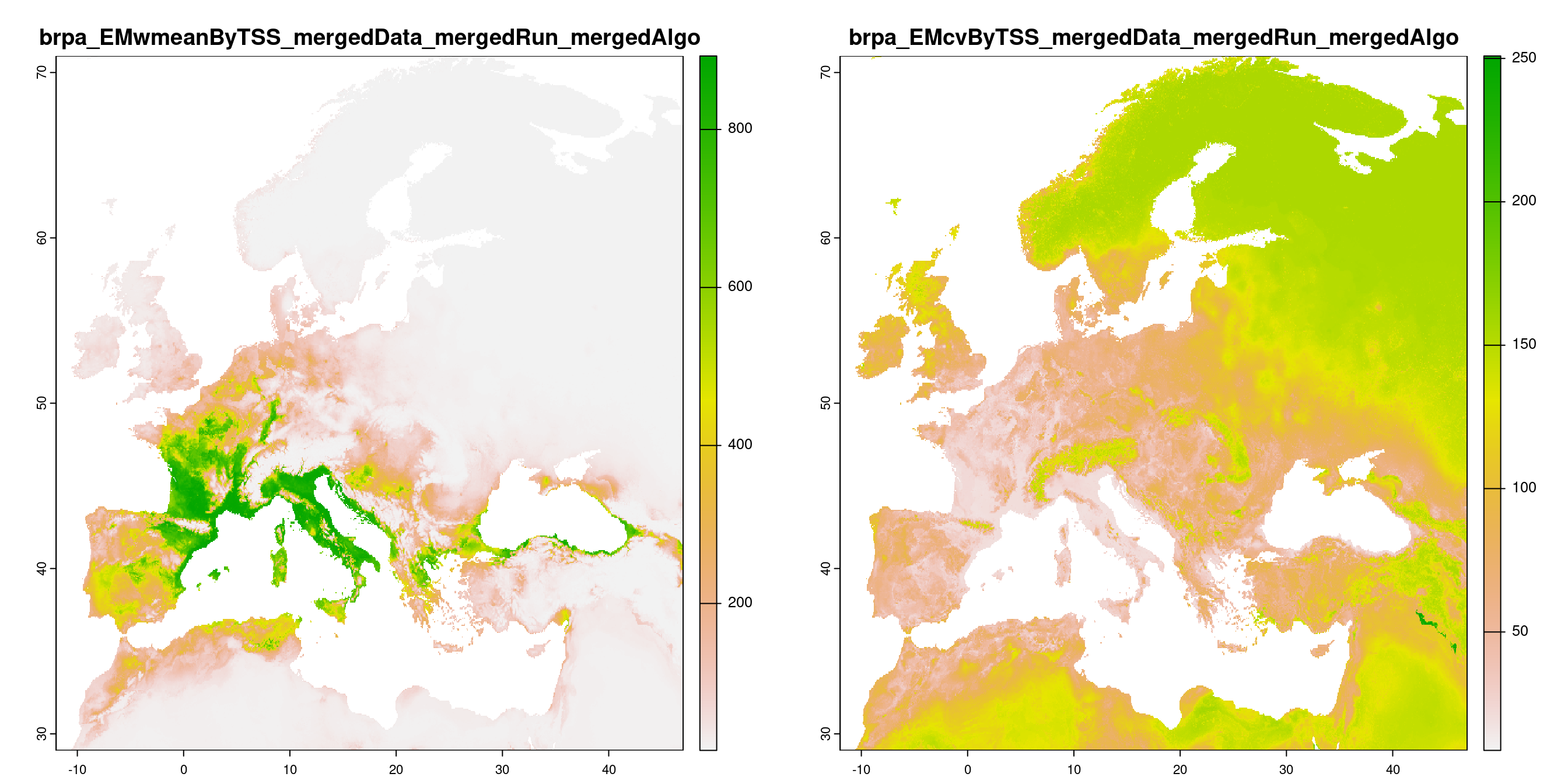 A) Projection de la distribution potentielle contemporaine (modèle d'ensemble) ; B) Incertitude associée à la projection.