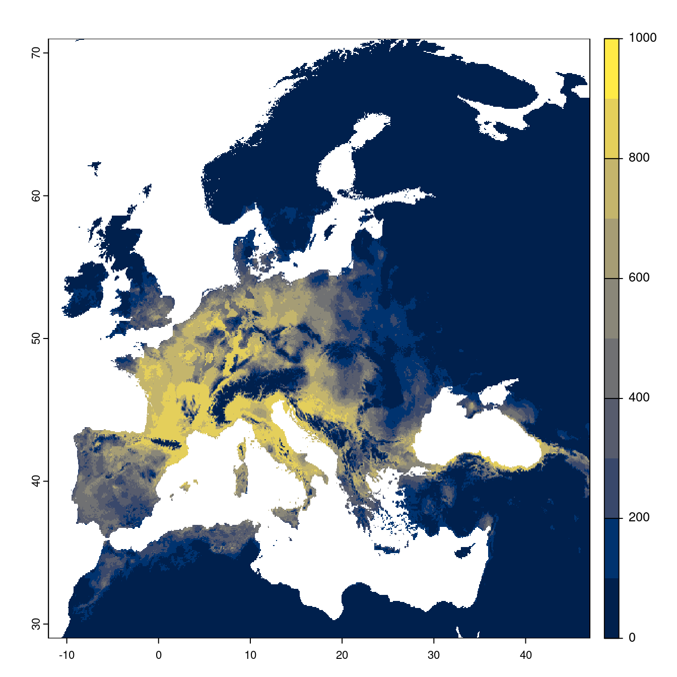 Projection des distributions potentielles futures jusqu'à l'horizon 2100 sous le scénario SSP1-2.6 (modèle d'ensemble).