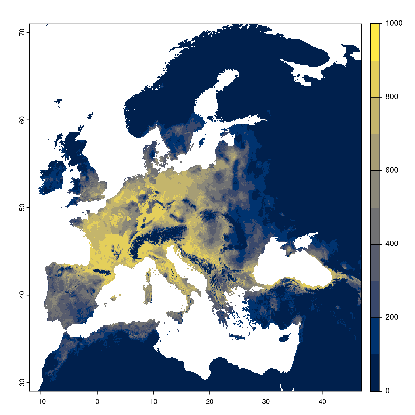 Projection des distributions potentielles futures jusqu'à l'horizon 2100 sous le scénario SSP1-2.6 (modèle d'ensemble).