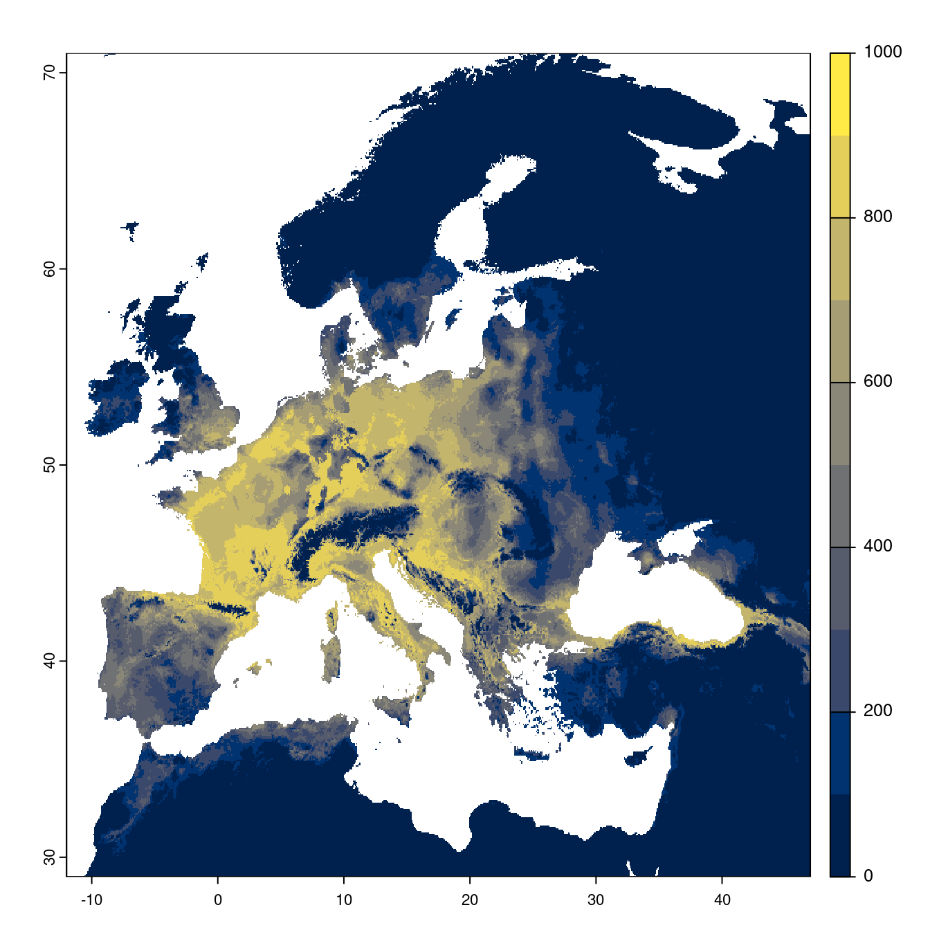 Projection des distributions potentielles futures jusqu'à l'horizon 2100 sous le scénario SSP2-4.5 (modèle d'ensemble).