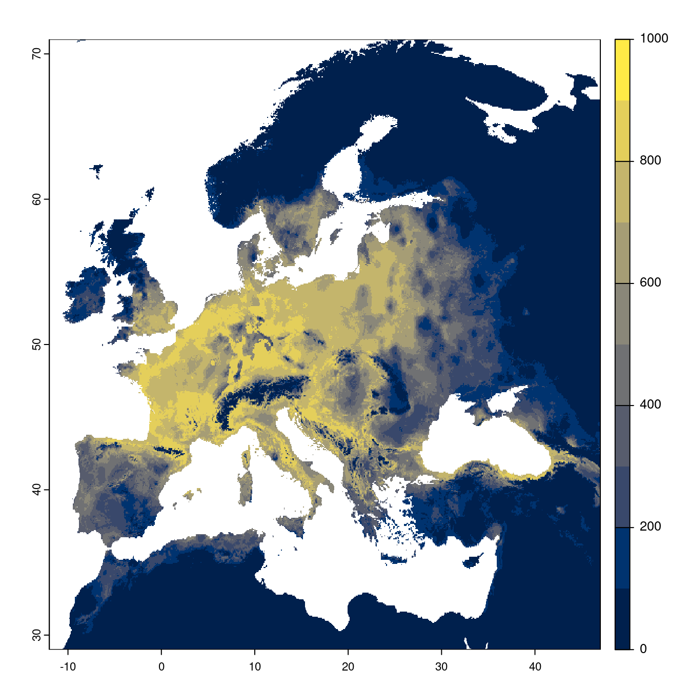 Projection des distributions potentielles futures jusqu'à l'horizon 2100 sous le scénario SSP2-4.5 (modèle d'ensemble).