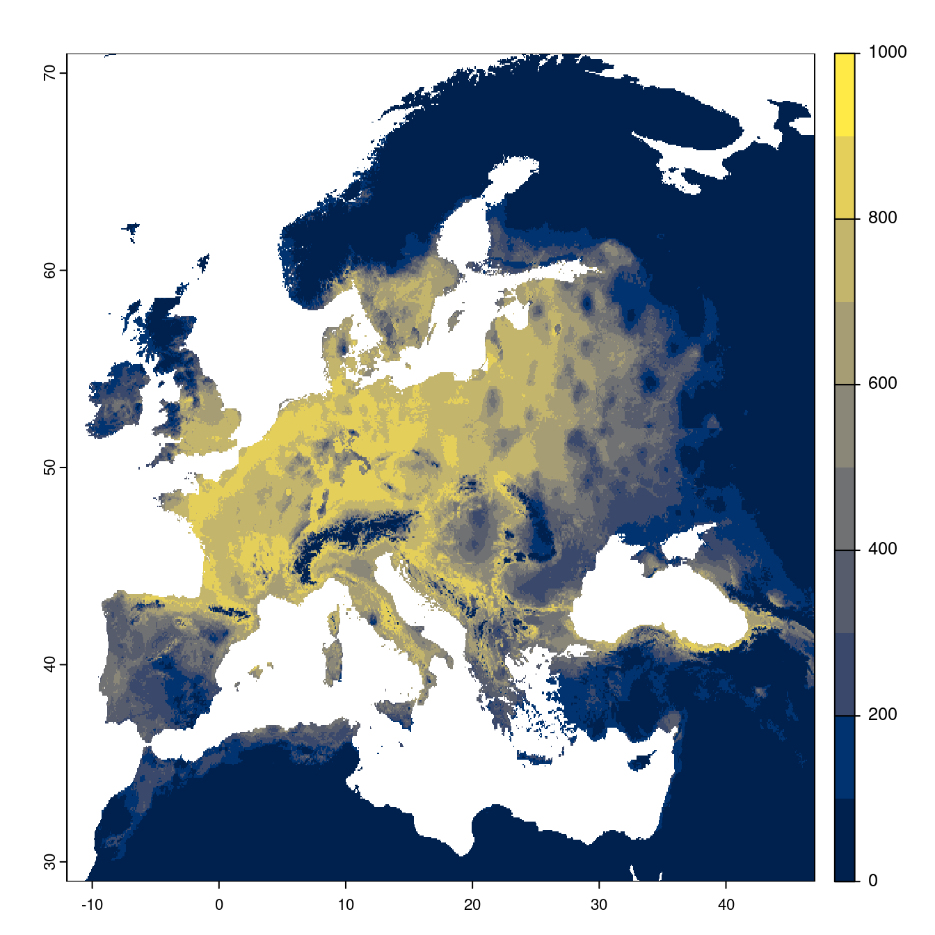 Projection des distributions potentielles futures jusqu'à l'horizon 2100 sous le scénario SSP2-4.5 (modèle d'ensemble).