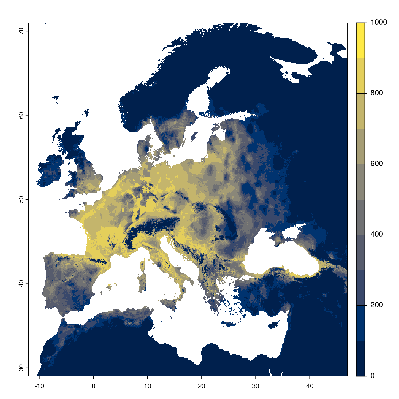 Projection des distributions potentielles futures jusqu'à l'horizon 2100 sous le scénario SSP3-7.0 (modèle d'ensemble).