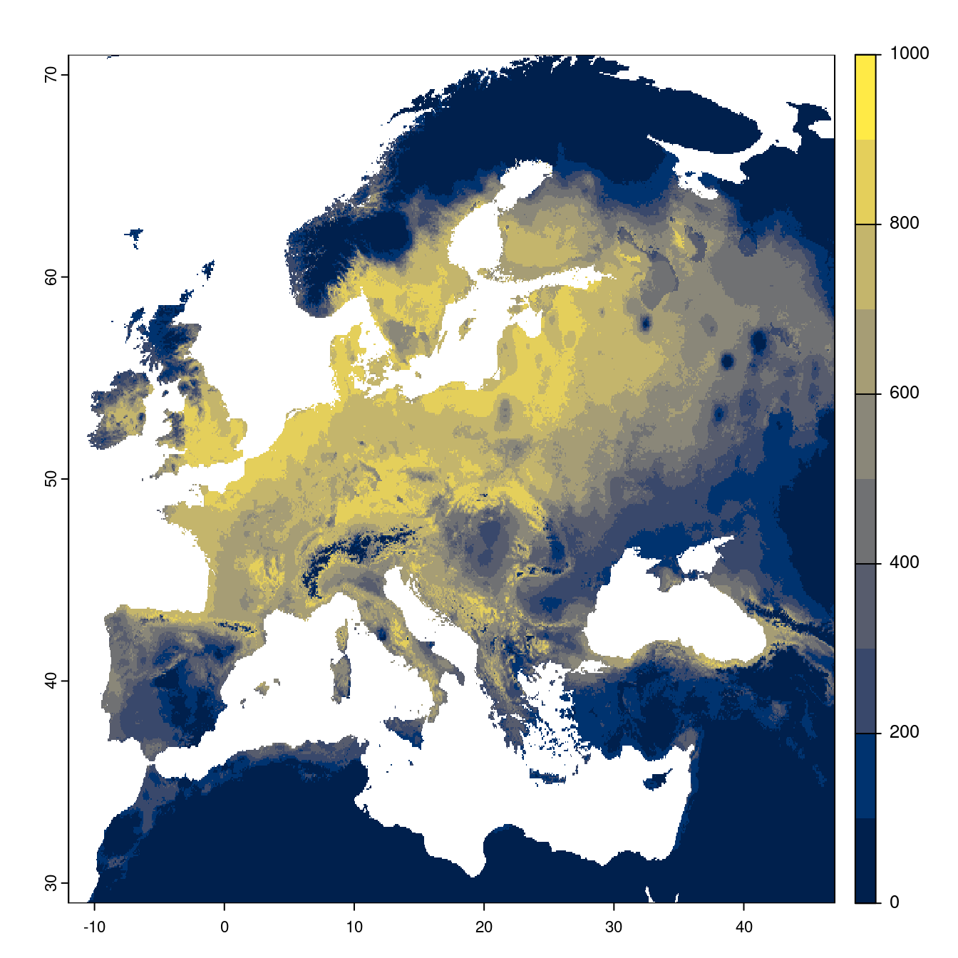 Projection des distributions potentielles futures jusqu'à l'horizon 2100 sous le scénario SSP3-7.0 (modèle d'ensemble).