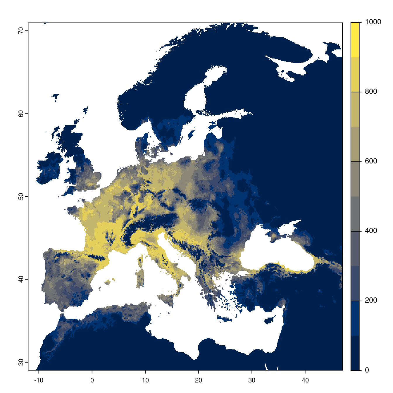 Projection des distributions potentielles futures jusqu'à l'horizon 2100 sous le scénario SSP5-8.5 (modèle d'ensemble).