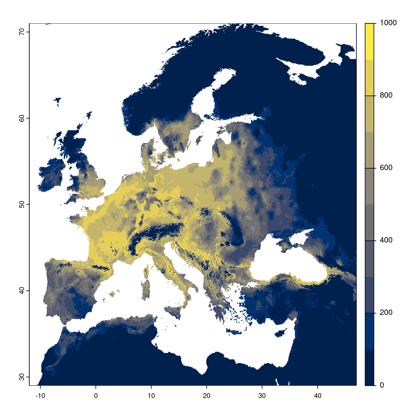 Projection des distributions potentielles futures jusqu'à l'horizon 2100 sous le scénario SSP5-8.5 (modèle d'ensemble).