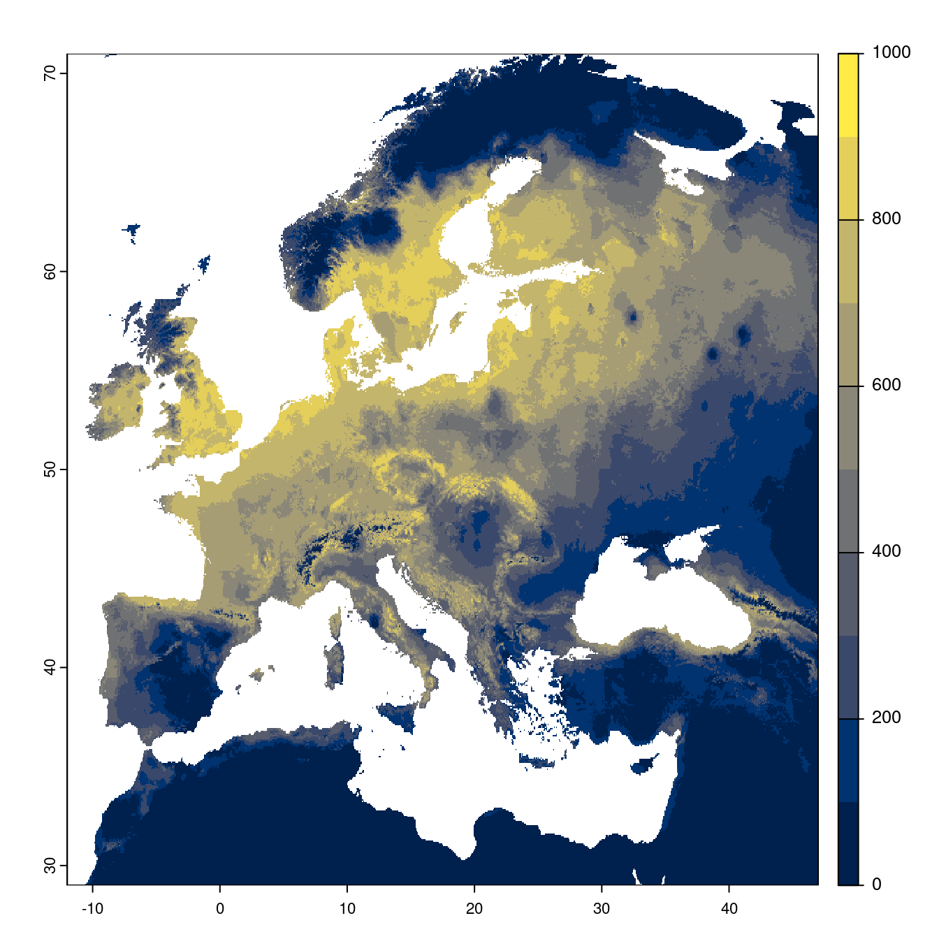 Projection des distributions potentielles futures jusqu'à l'horizon 2100 sous le scénario SSP5-8.5 (modèle d'ensemble).