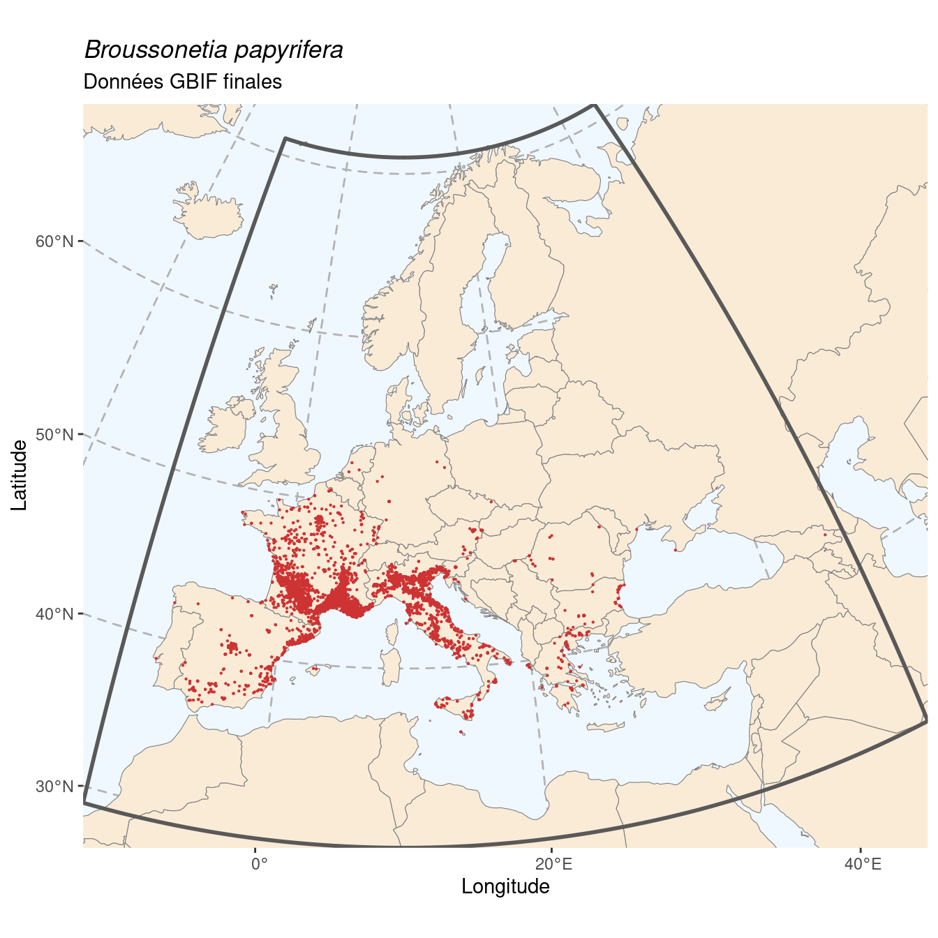 Occurrence de Broussonetia papyrifera dans la région d'endémisme après sous-échantillonnage éventuel.