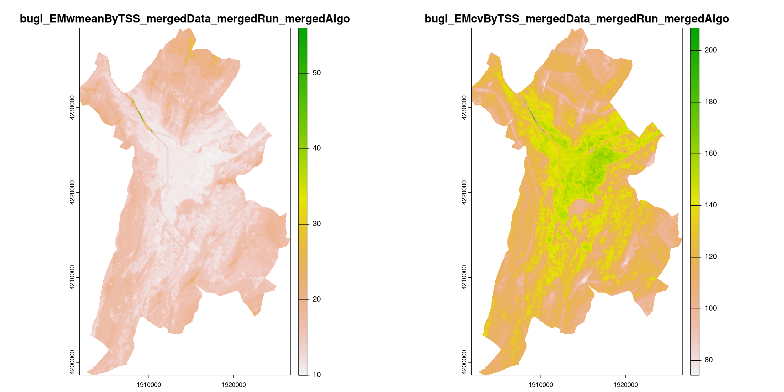 A) Projection de la distribution potentielle contemporaine (modèle d'ensemble) sur la métropole de Grenoble ; B) Incertitude associée à la projection.
