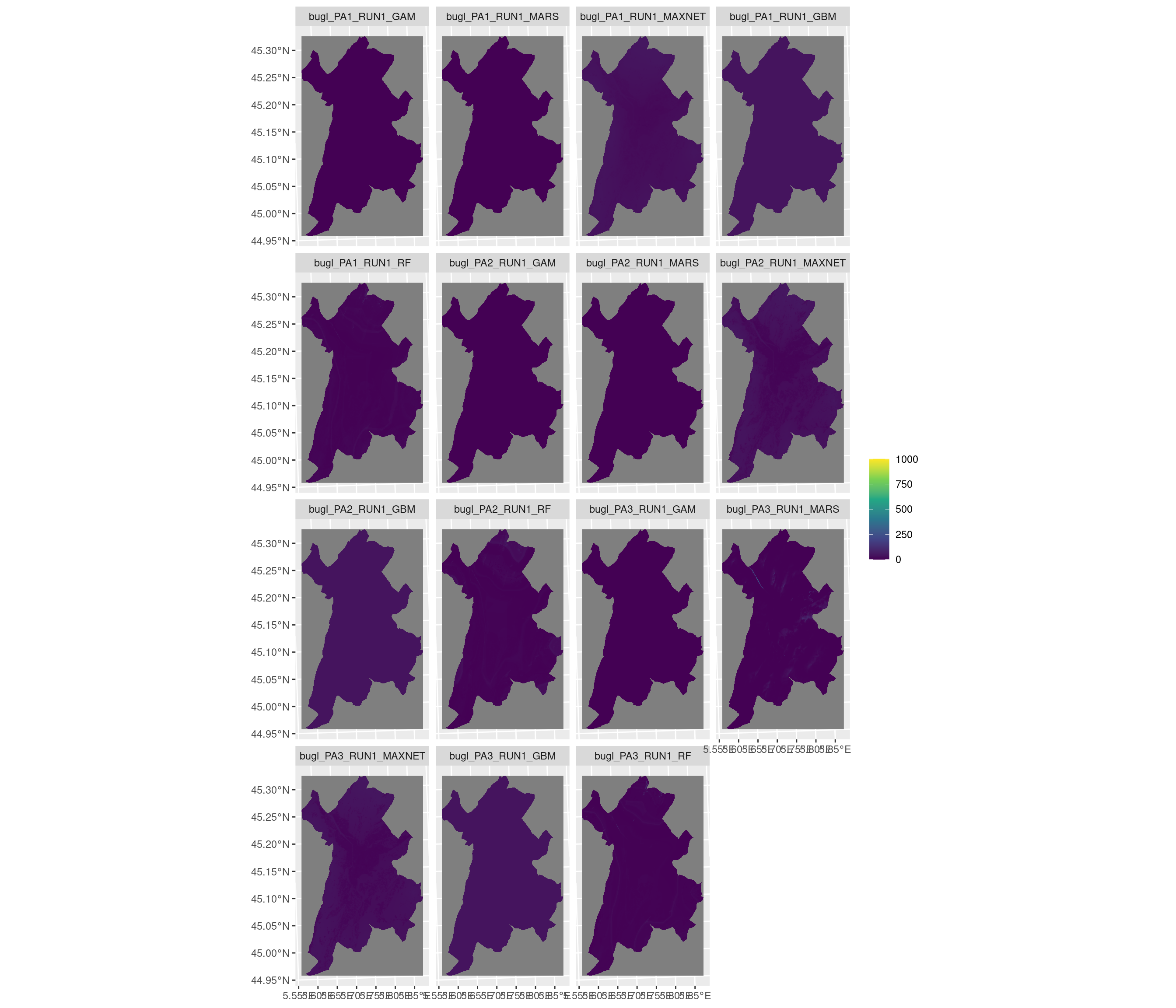 Projection de la distribution potentielle contemporaine sur la métropole de Grenoble, selon les 6 algorithmes et les 3 runs.