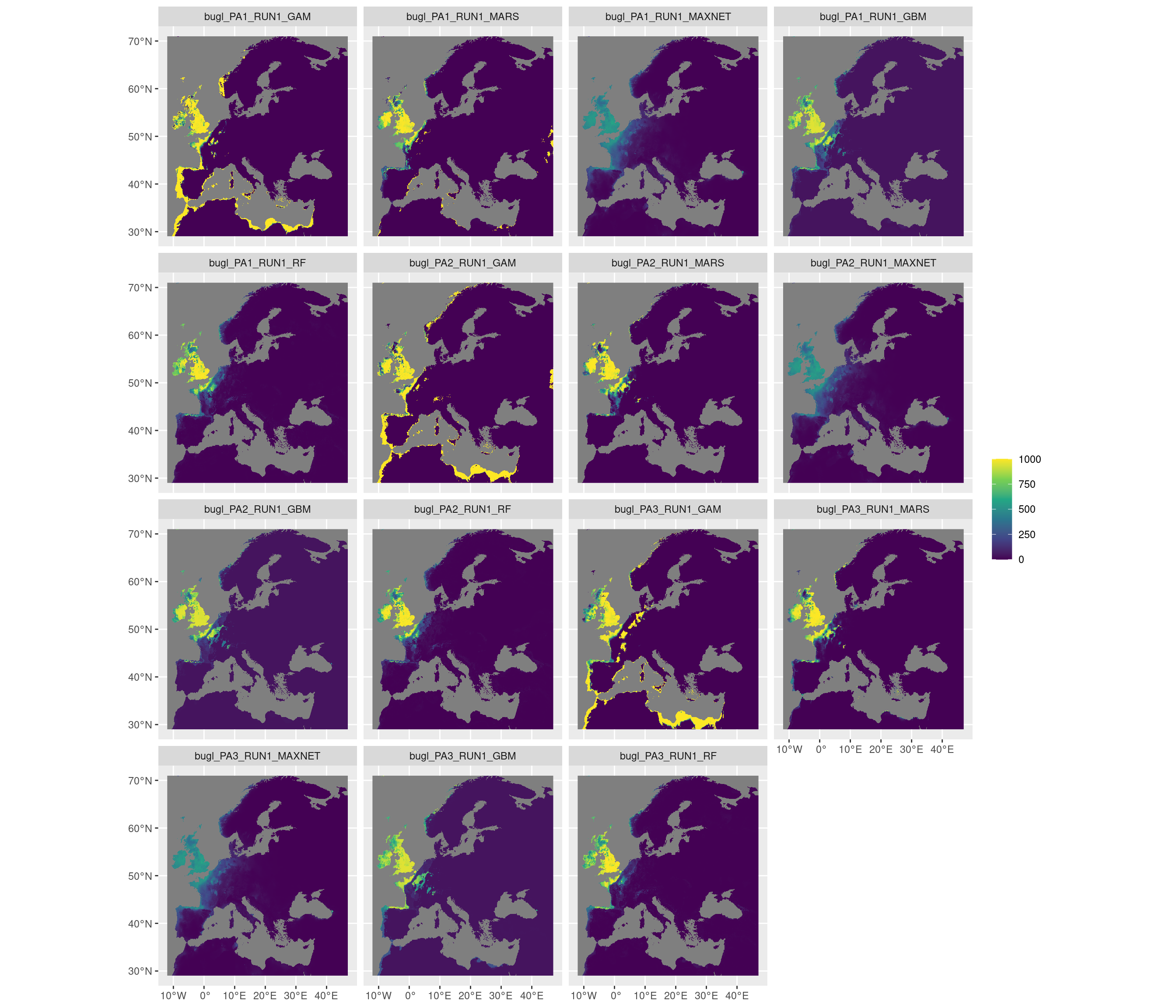 Projection de la distribution potentielle contemporaine sur l'Europe, selon les 6 algorithmes et les 3 runs.