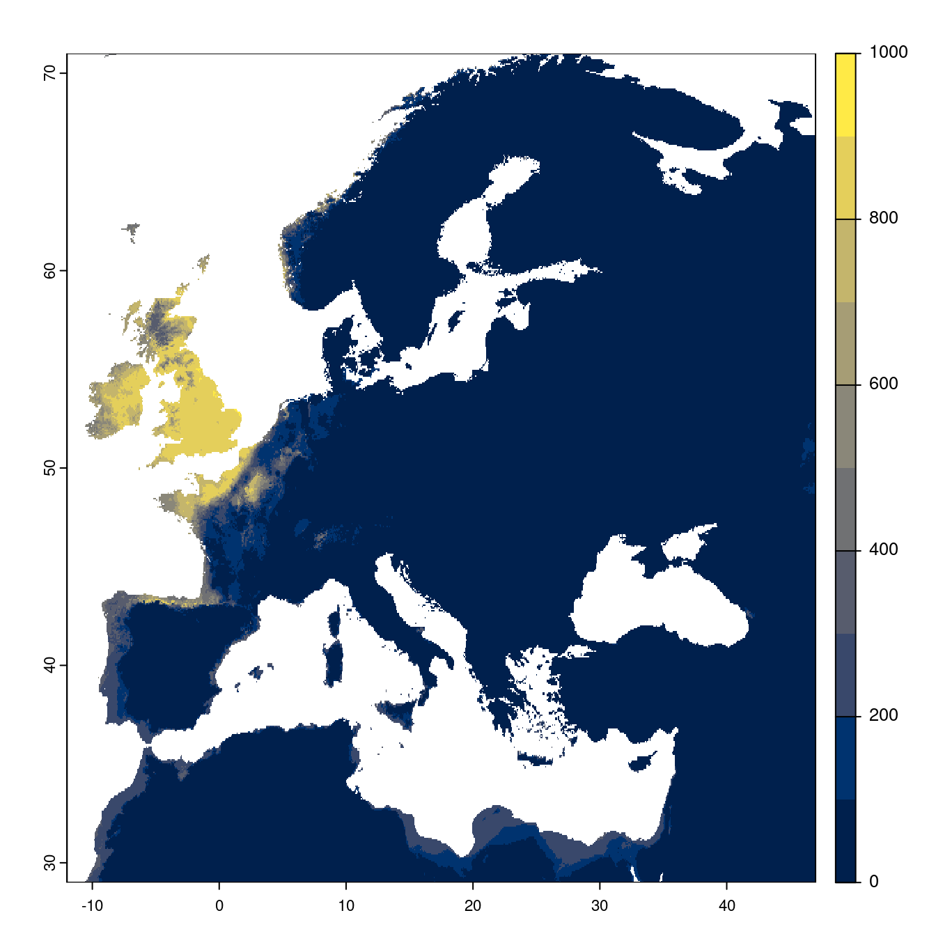 Projection des distributions potentielles futures jusqu'à l'horizon 2100 sous le scénario SSP5-8.5 (modèle d'ensemble).