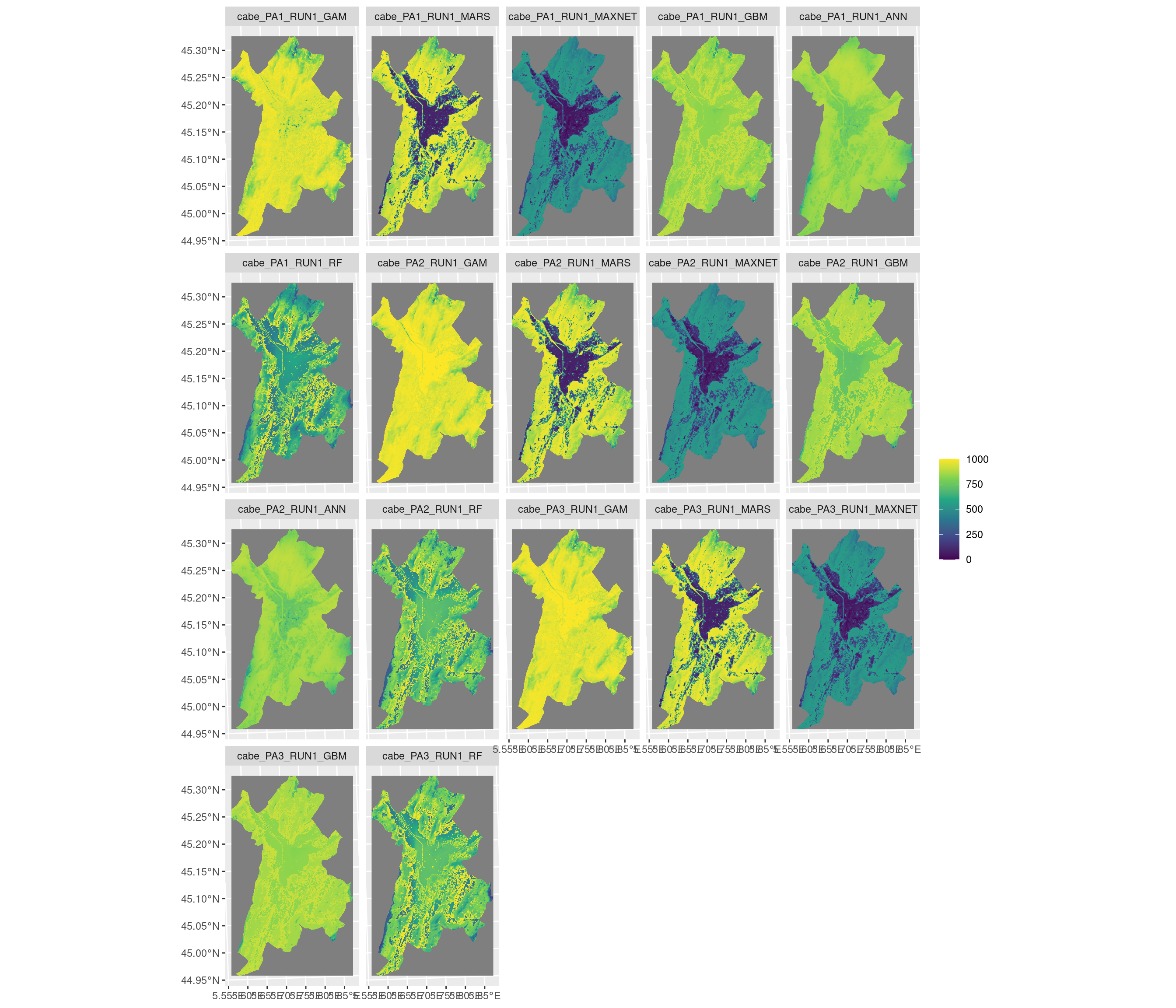 Projection de la distribution potentielle contemporaine sur la métropole de Grenoble, selon les 6 algorithmes et les 3 runs.