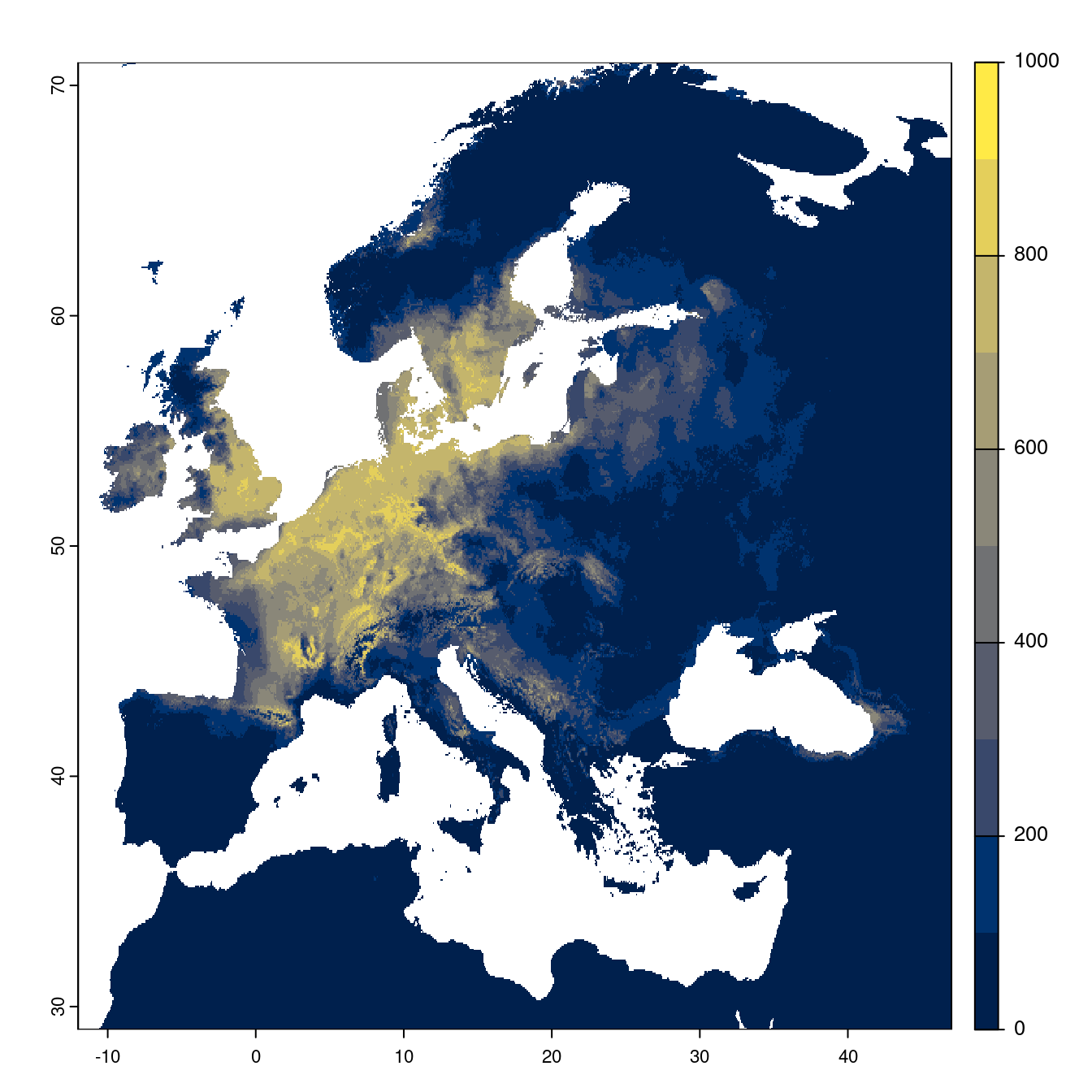 Projection des distributions potentielles futures jusqu'à l'horizon 2100 sous le scénario SSP3-7.0 (modèle d'ensemble).