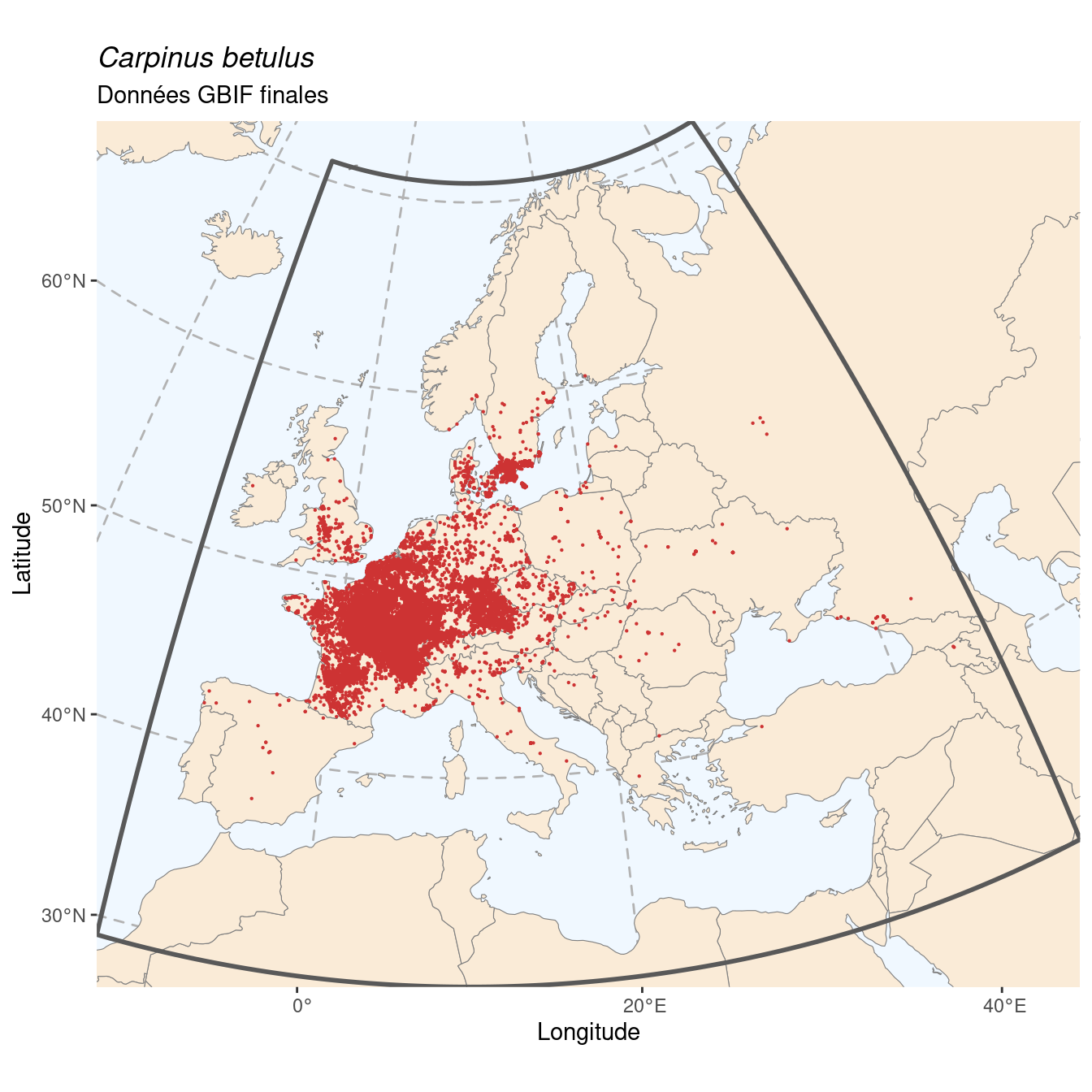 Occurrence de Carpinus betulus dans la région d'endémisme après sous-échantillonnage éventuel.