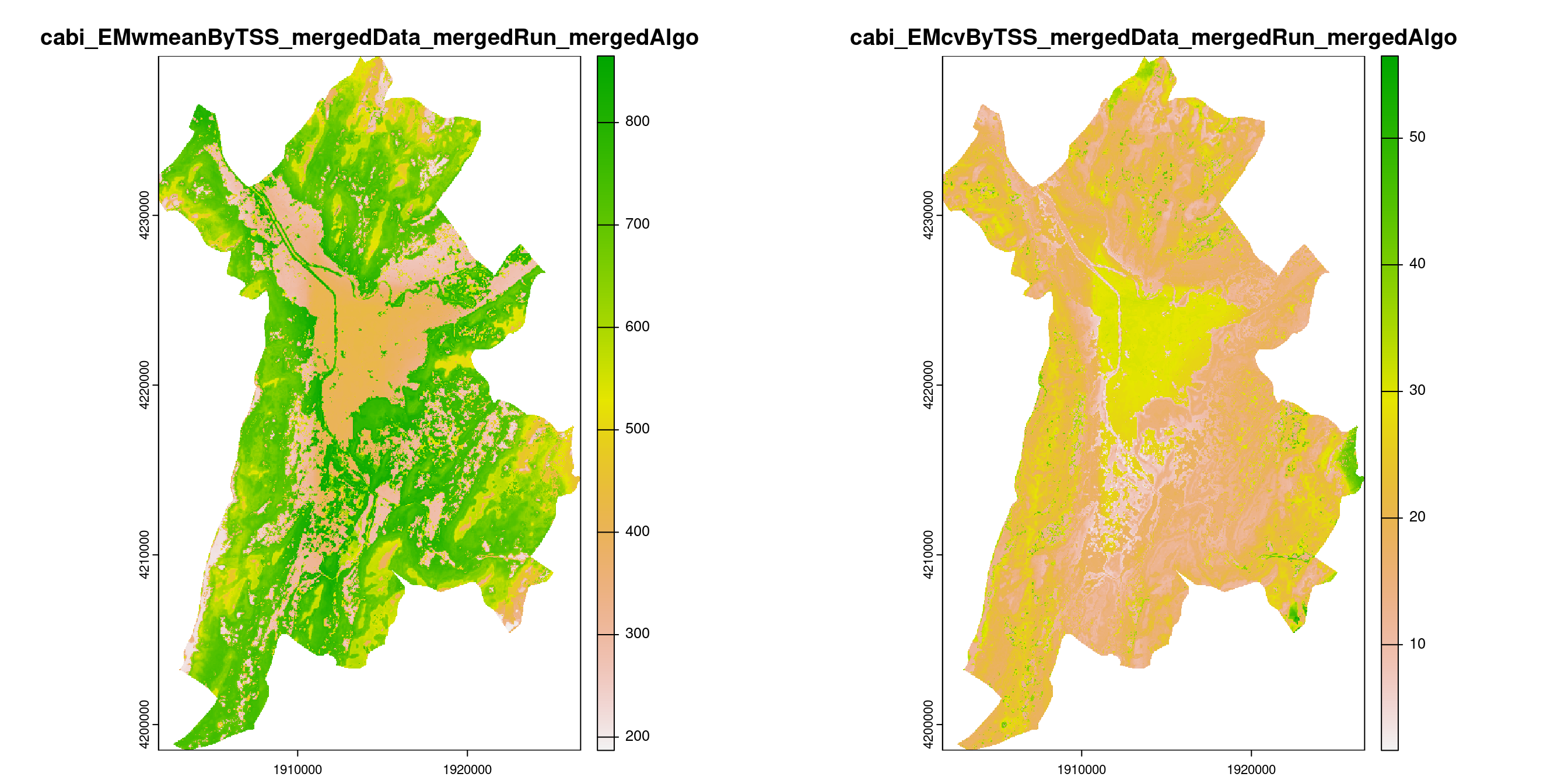 A) Projection de la distribution potentielle contemporaine (modèle d'ensemble) sur la métropole de Grenoble ; B) Incertitude associée à la projection.