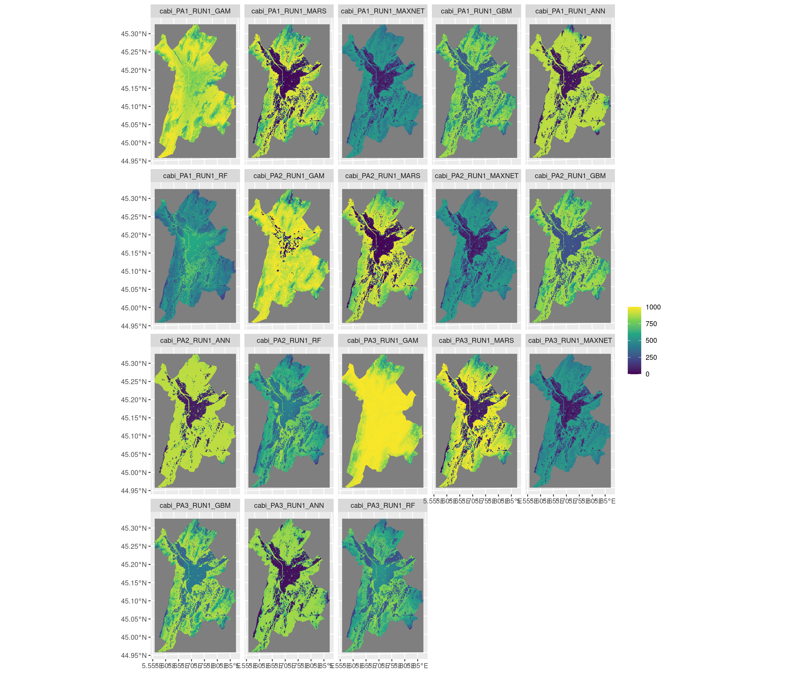 Projection de la distribution potentielle contemporaine sur la métropole de Grenoble, selon les 6 algorithmes et les 3 runs.
