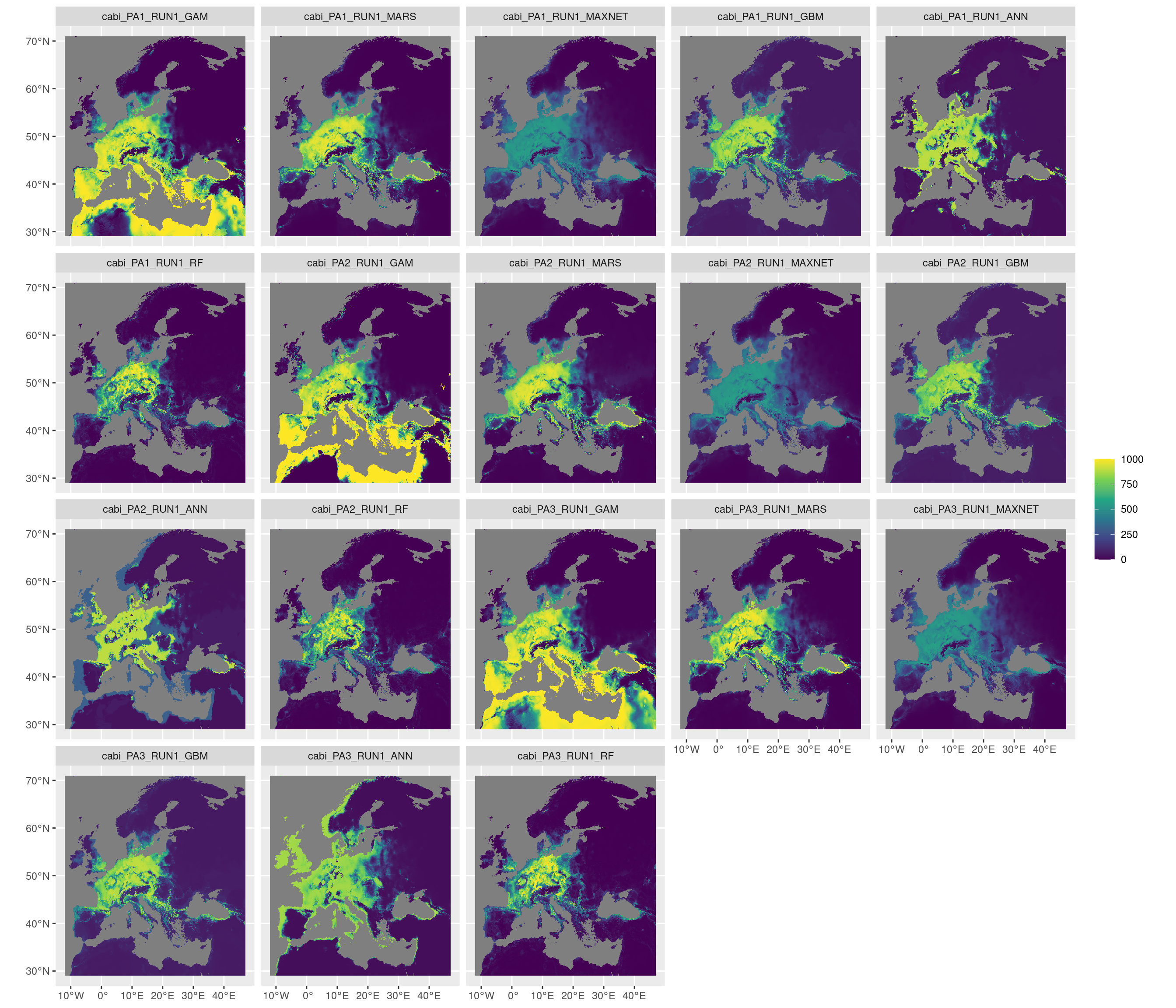 Projection de la distribution potentielle contemporaine sur l'Europe, selon les 6 algorithmes et les 3 runs.