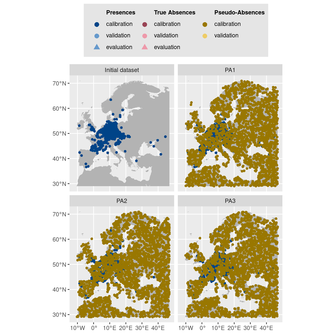 Les données d'occurrences (en haut à gauche) et les trois jeux de données aléatoires de pseudo-absences.