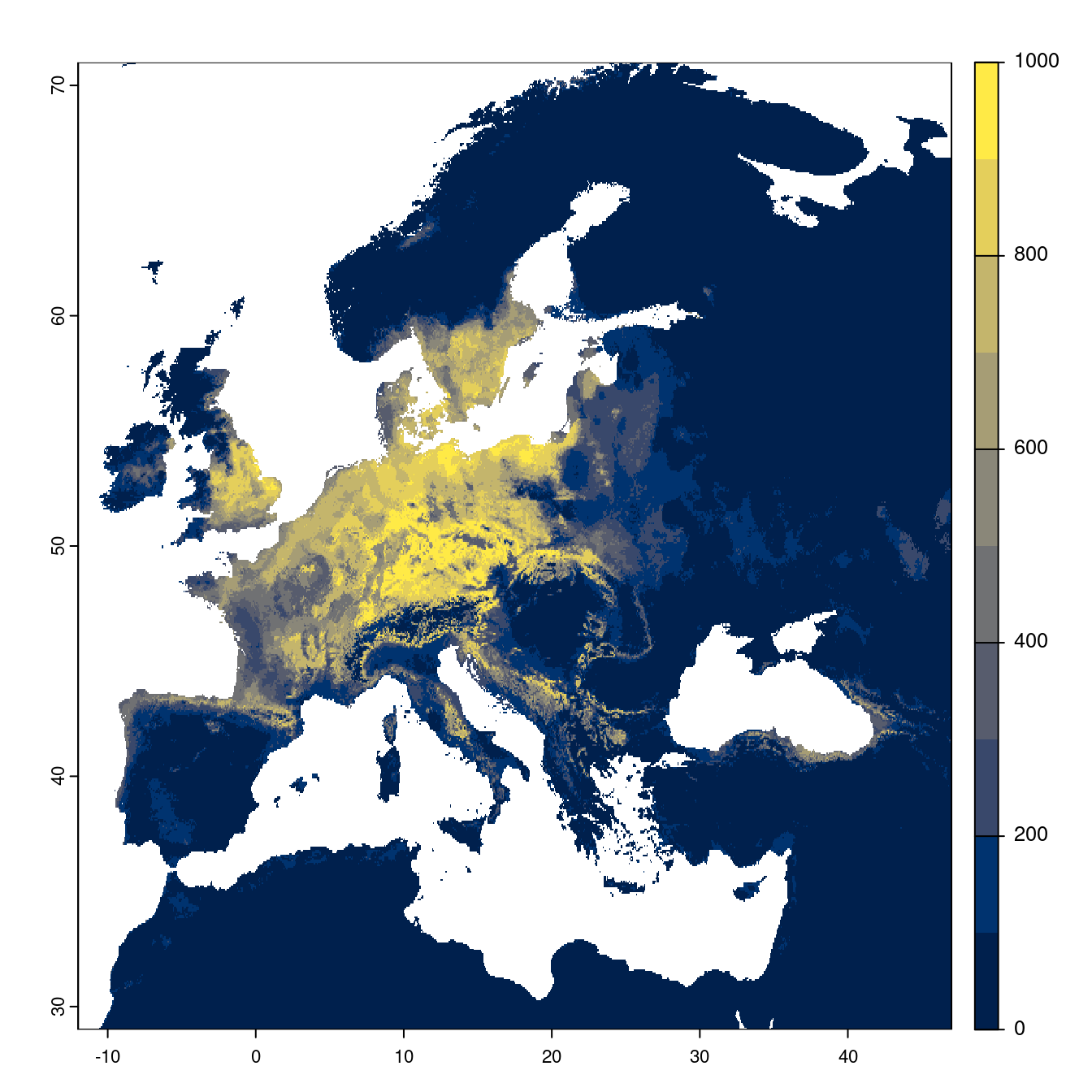 Projection des distributions potentielles futures jusqu'à l'horizon 2100 sous le scénario SSP1-2.6 (modèle d'ensemble).