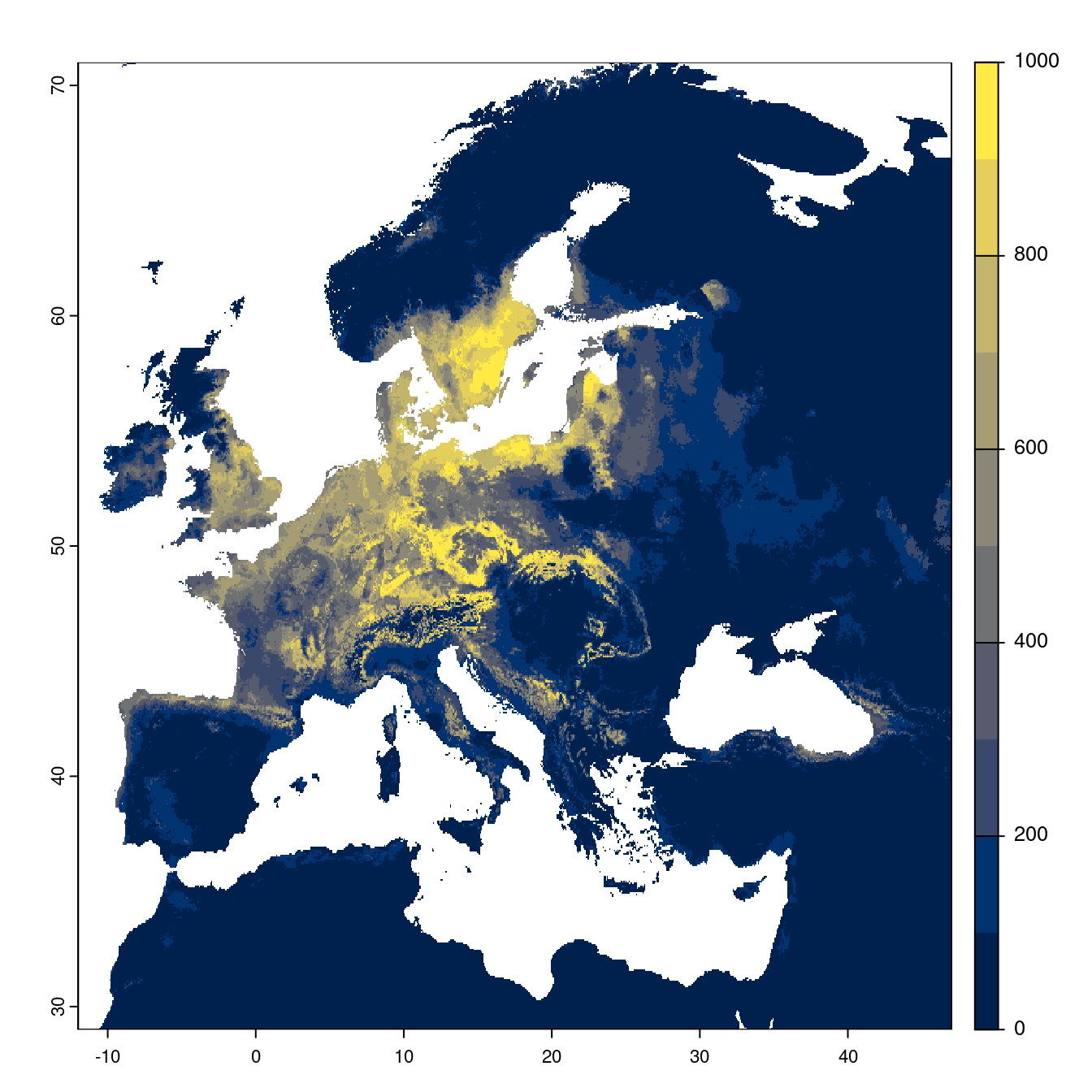 Projection des distributions potentielles futures jusqu'à l'horizon 2100 sous le scénario SSP1-2.6 (modèle d'ensemble).