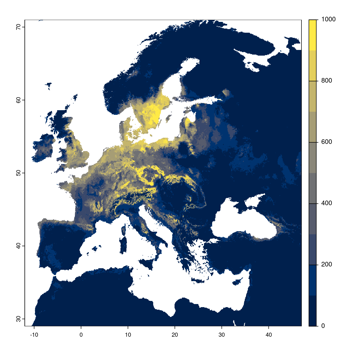 Projection des distributions potentielles futures jusqu'à l'horizon 2100 sous le scénario SSP2-4.5 (modèle d'ensemble).