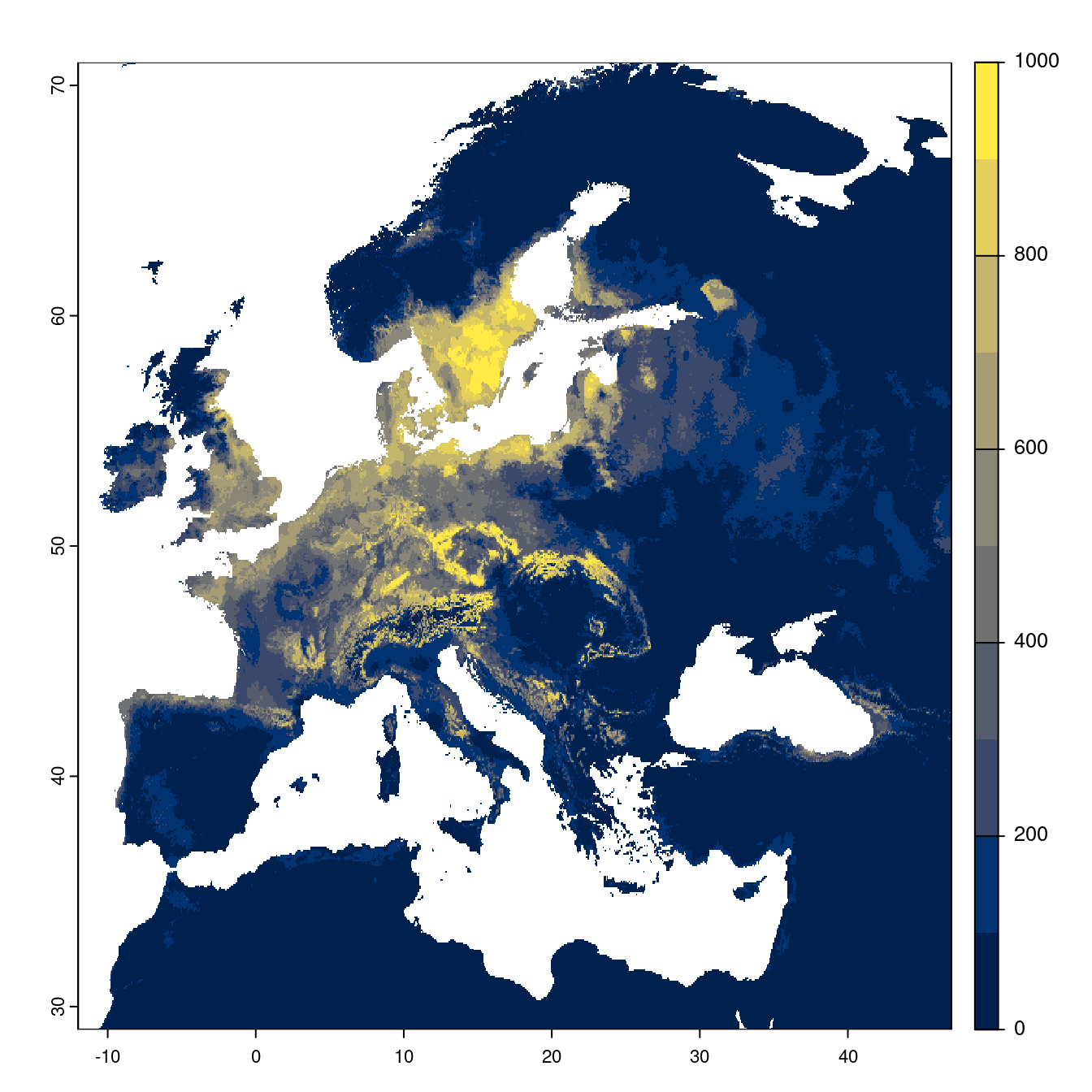 Projection des distributions potentielles futures jusqu'à l'horizon 2100 sous le scénario SSP3-7.0 (modèle d'ensemble).