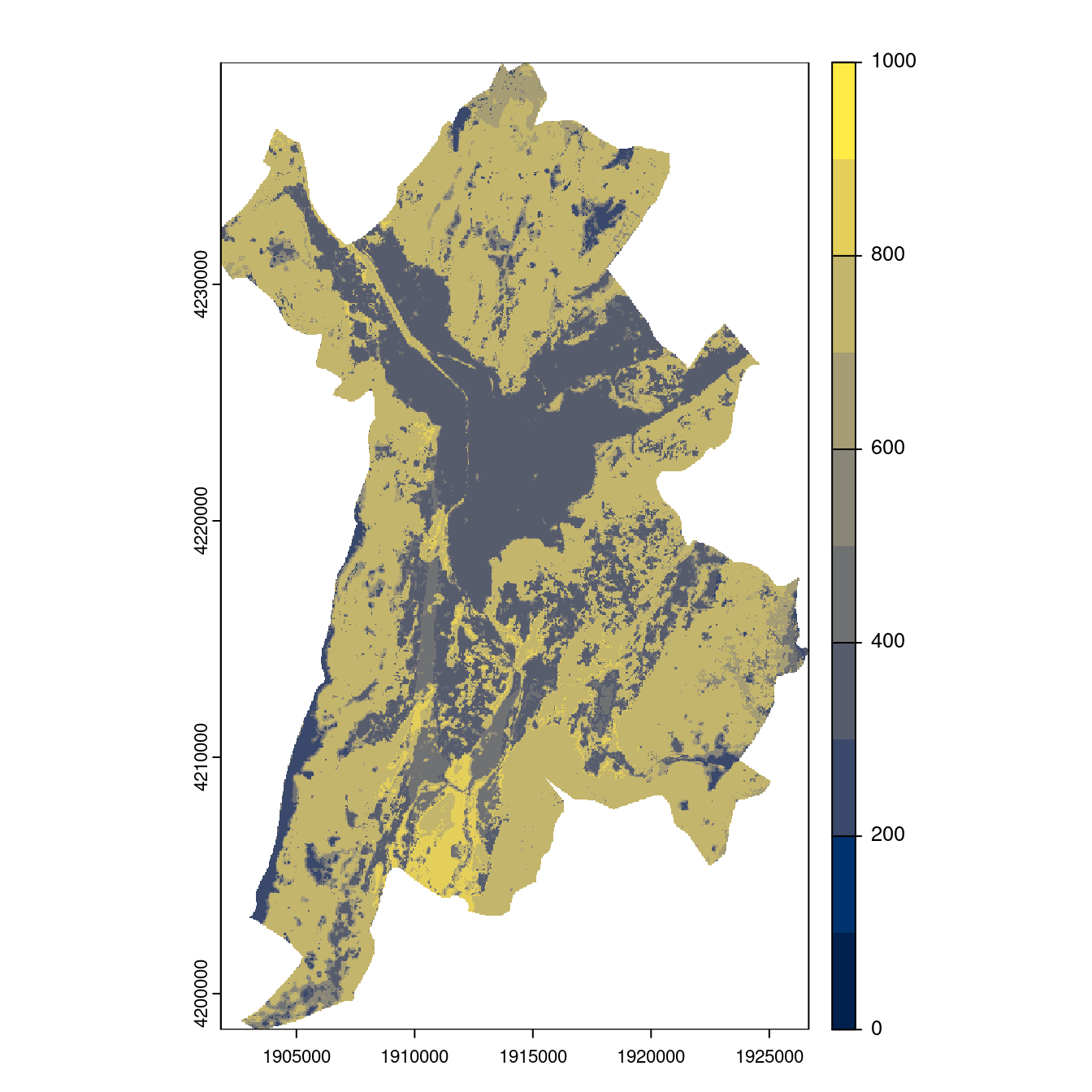 Projection des distributions potentielles contemporaine et futures jusqu'à l'horizon 2100 sous le scénario SSP5-8.5 (modèle d'ensemble, GCM IPSL).