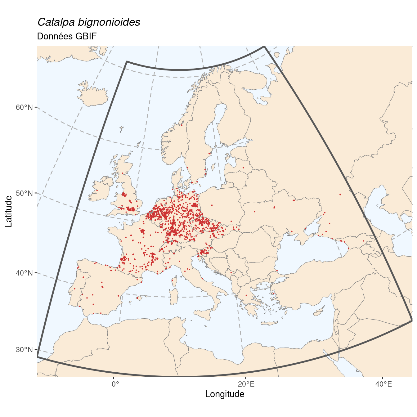 Occurrence de Catalpa bignonioides dans la région d'endémisme.