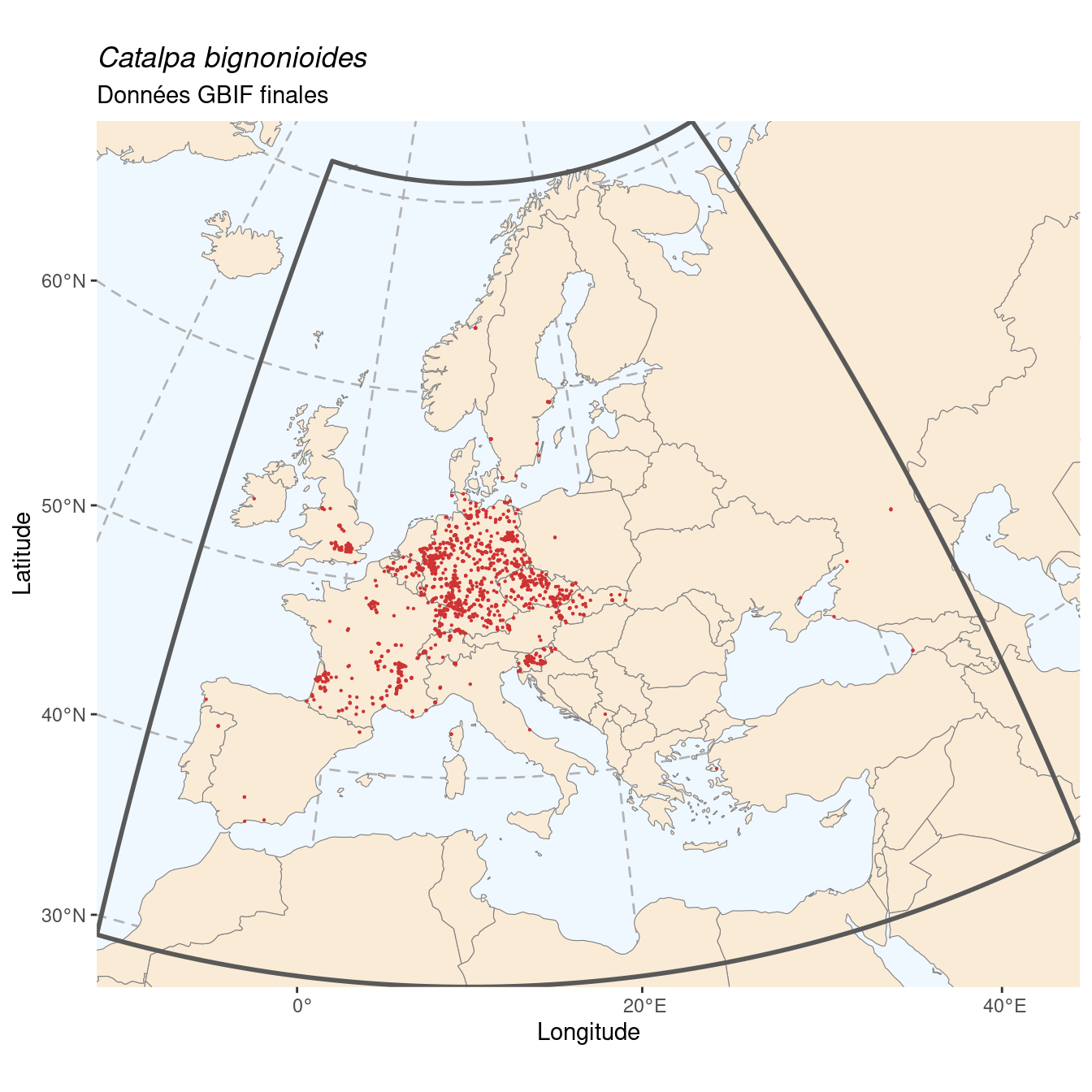 Occurrence de Catalpa bignonioides dans la région d'endémisme après sous-échantillonnage éventuel.