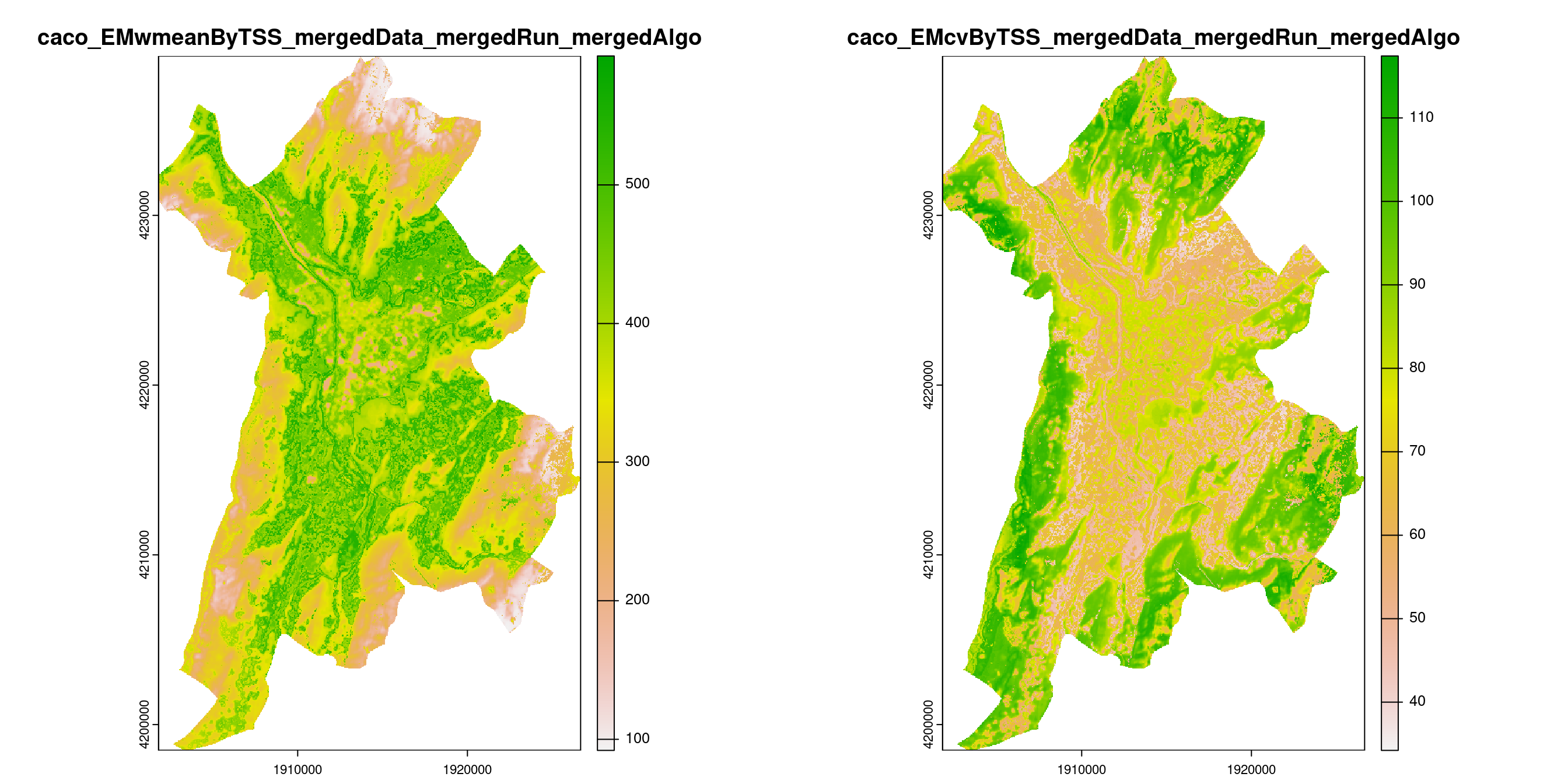 A) Projection de la distribution potentielle contemporaine (modèle d'ensemble) sur la métropole de Grenoble ; B) Incertitude associée à la projection.