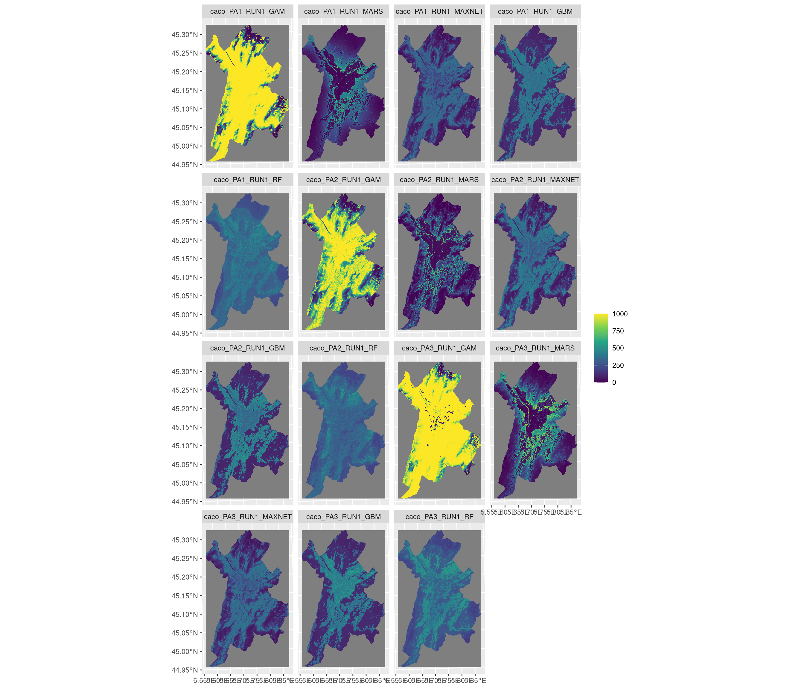 Projection de la distribution potentielle contemporaine sur la métropole de Grenoble, selon les 6 algorithmes et les 3 runs.