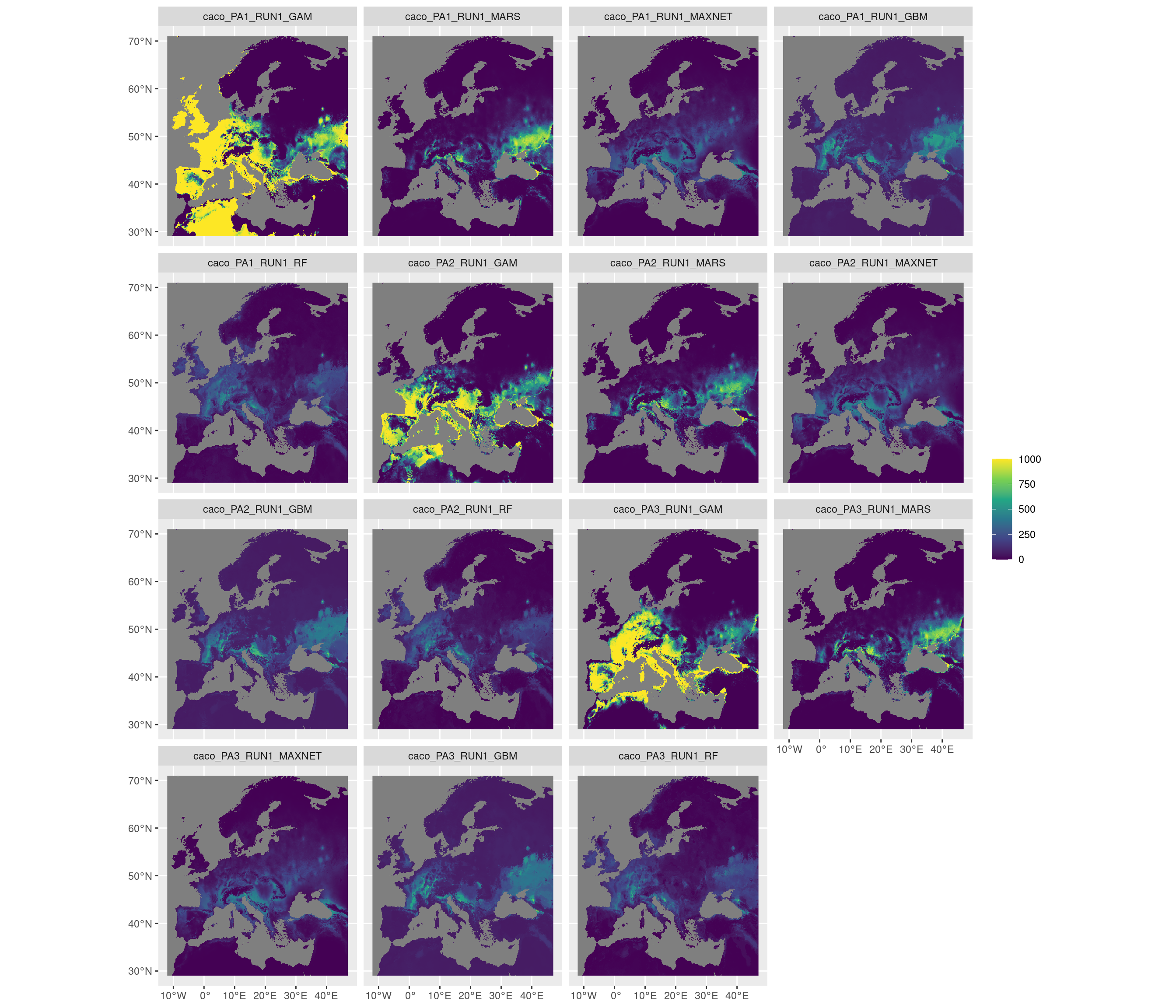 Projection de la distribution potentielle contemporaine sur l'Europe, selon les 6 algorithmes et les 3 runs.
