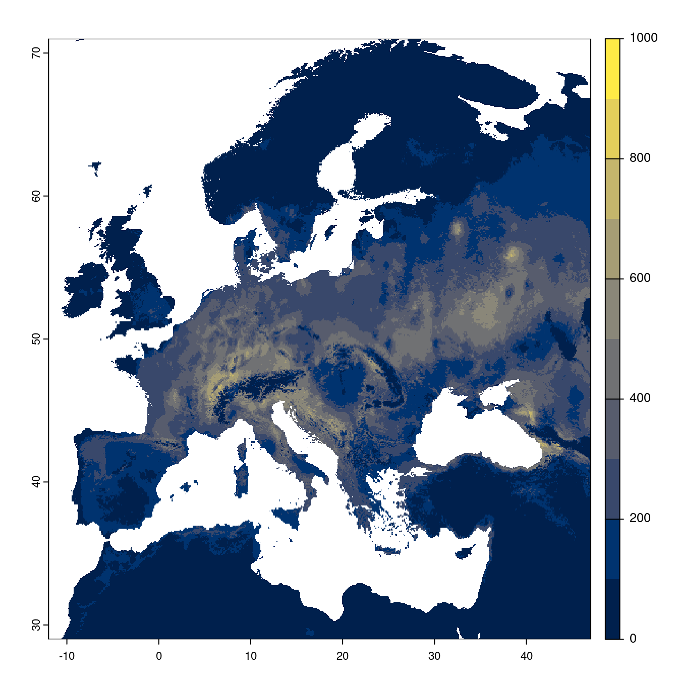 Projection des distributions potentielles futures jusqu'à l'horizon 2100 sous le scénario SSP1-2.6 (modèle d'ensemble).